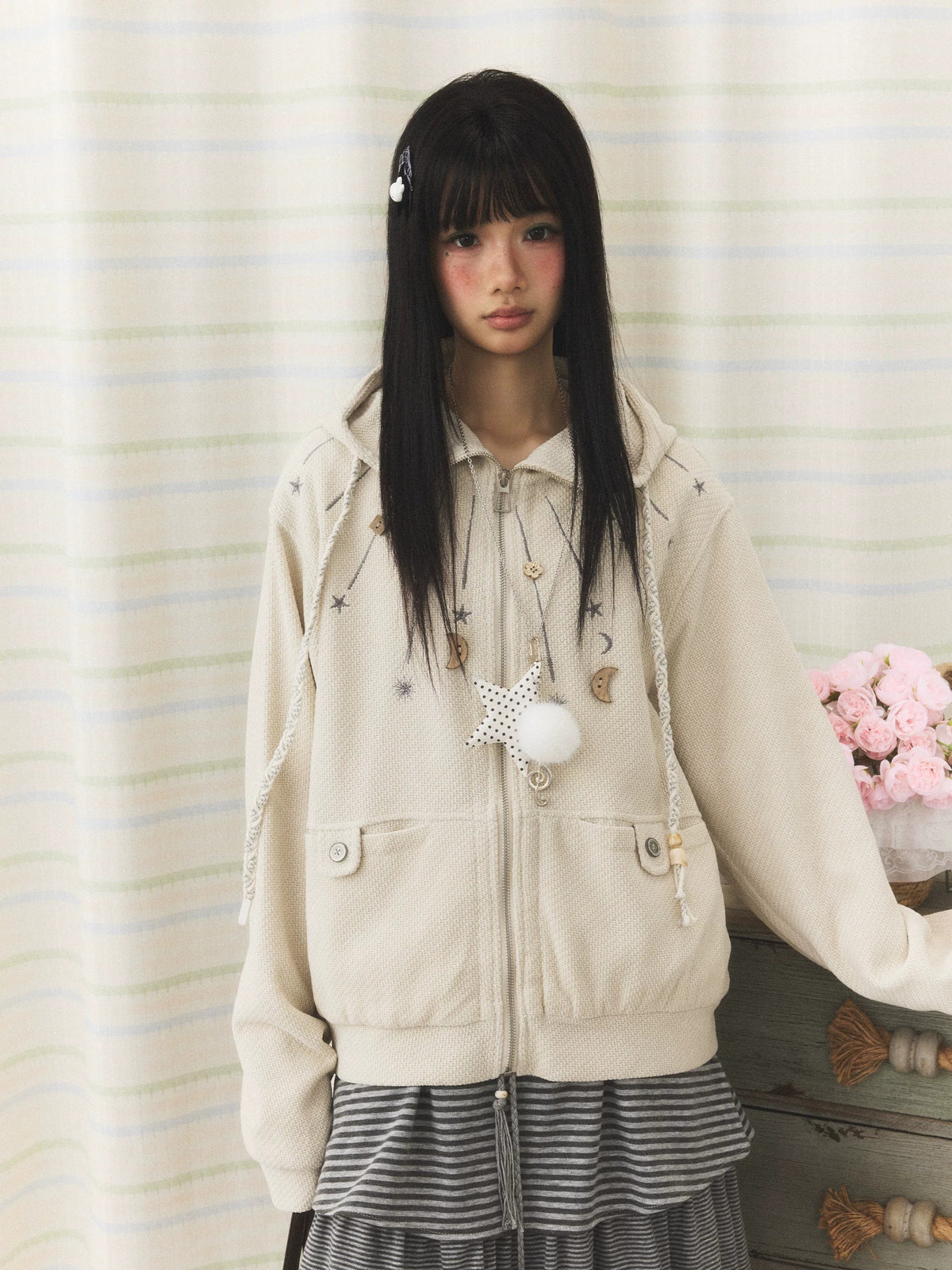 Star & Moon Embroidered Zip-Up Hoodie