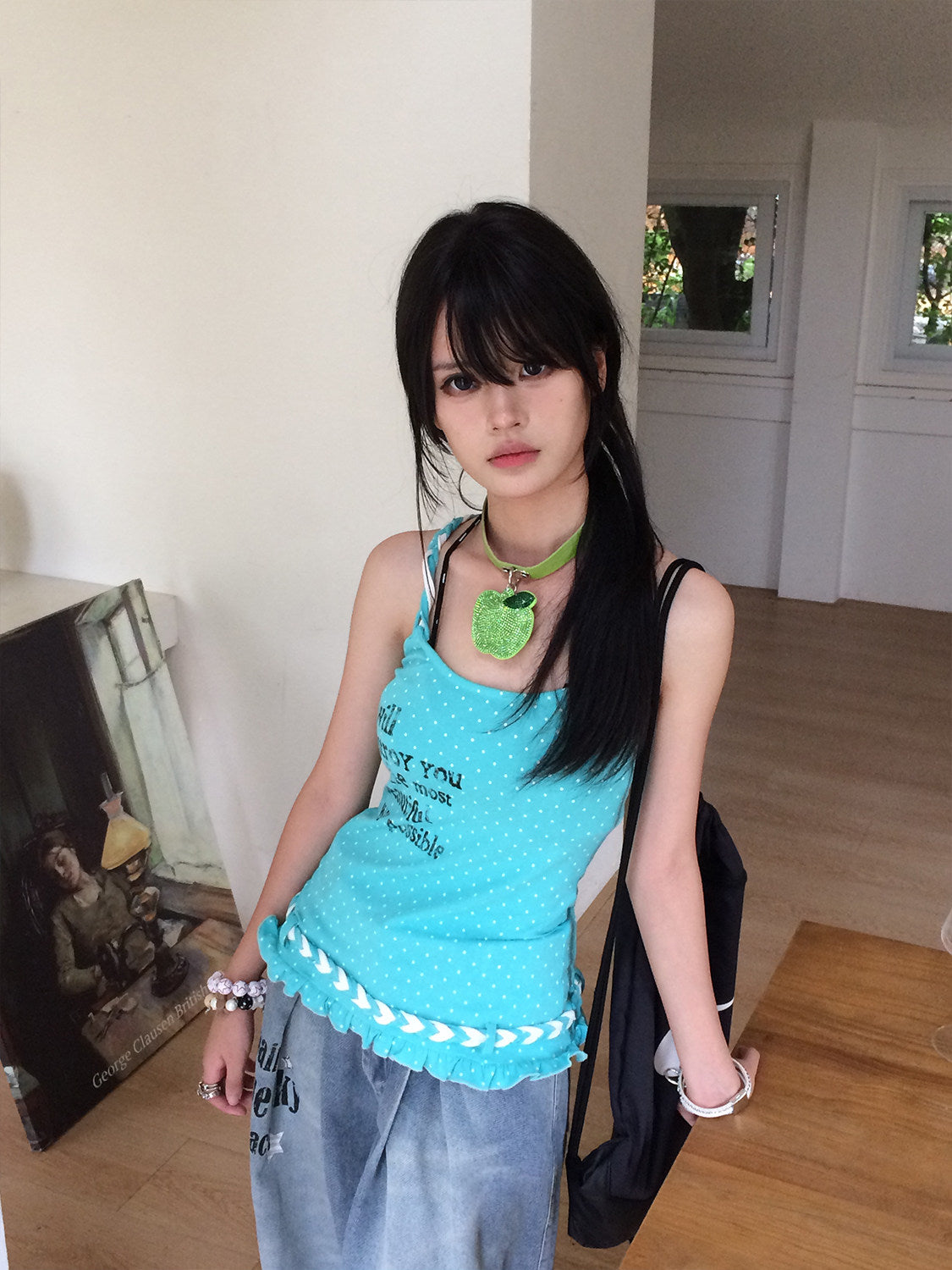 Aqua Polka Dot Braided Ruffle Tank Top