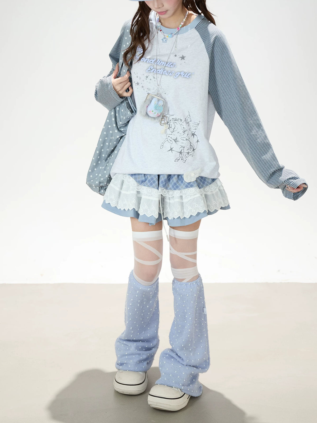 Striped Raglan Angel Graphic Long Sleeve Tee & Blue Plaid Lace Ruffle Skirt