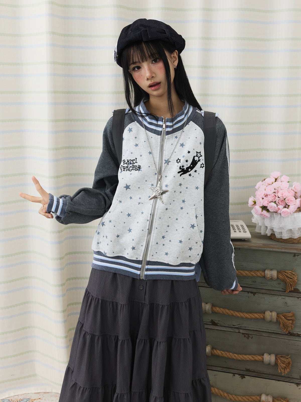 Star Contrast Zip-Up Hoodie