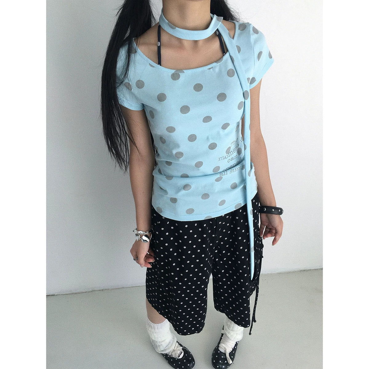 Polka Dot Scarf Short Sleeve Top