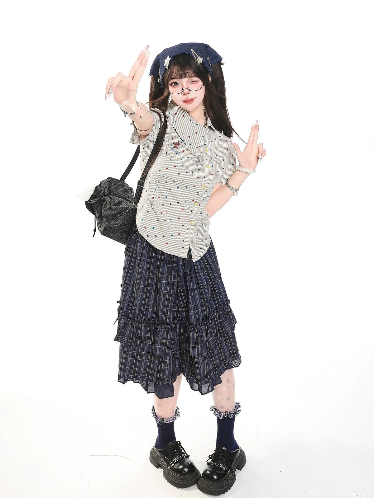 Rainbow Heart Plaid Fitted Short-Sleeve Shirt