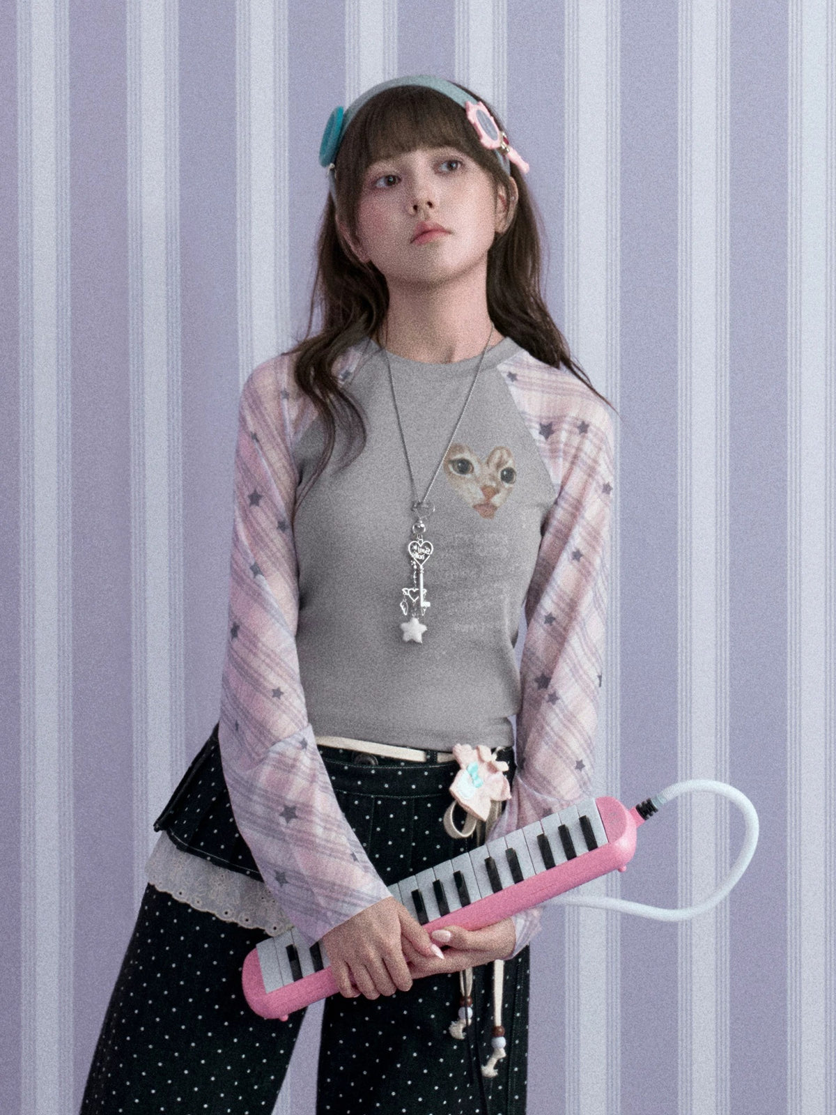 Gray-Pink Kitty Plaid Mesh Raglan Long-Sleeve Top