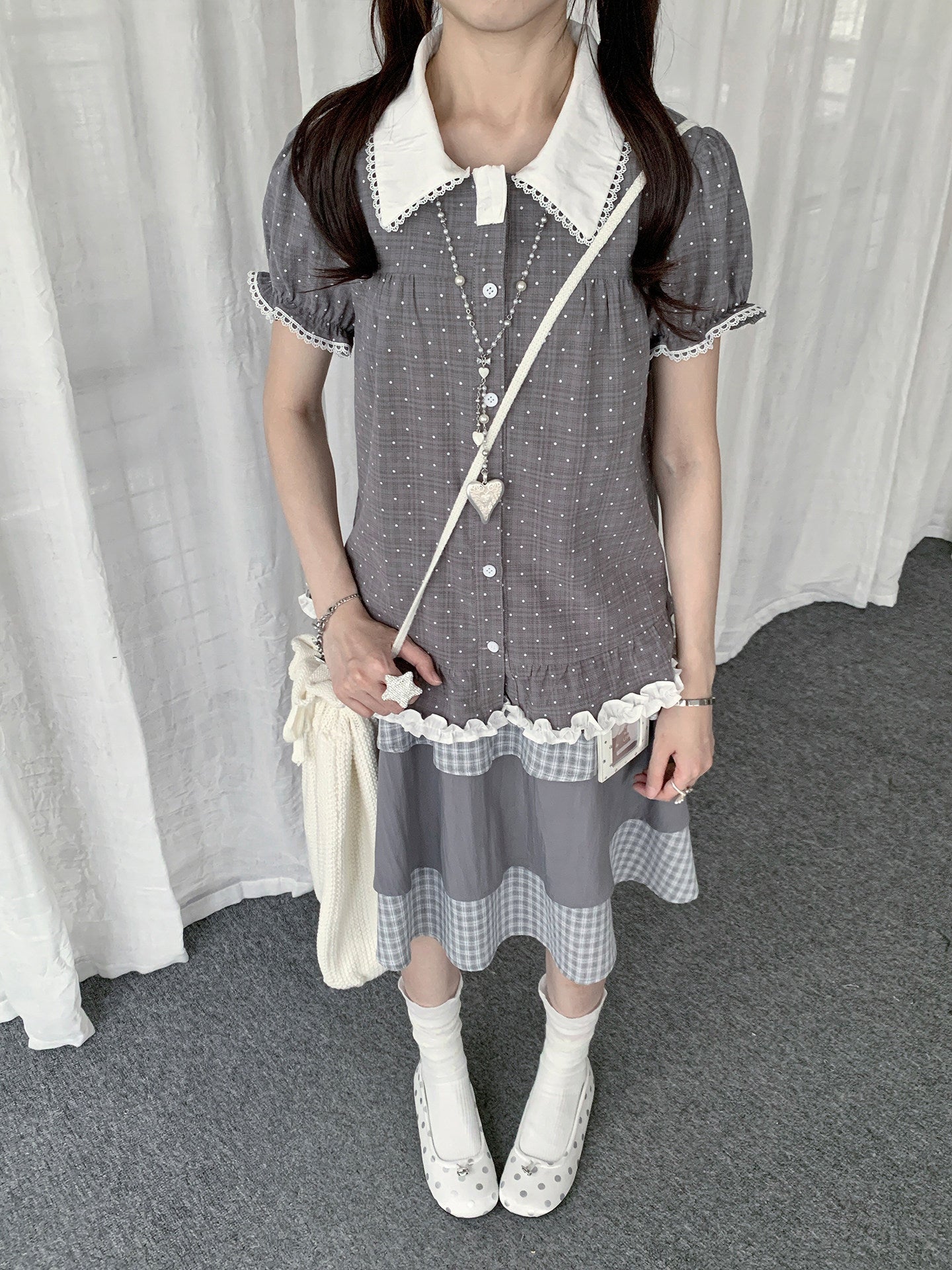 Polka Dot Peter Pan Collar Ruffle-Hem Blouse