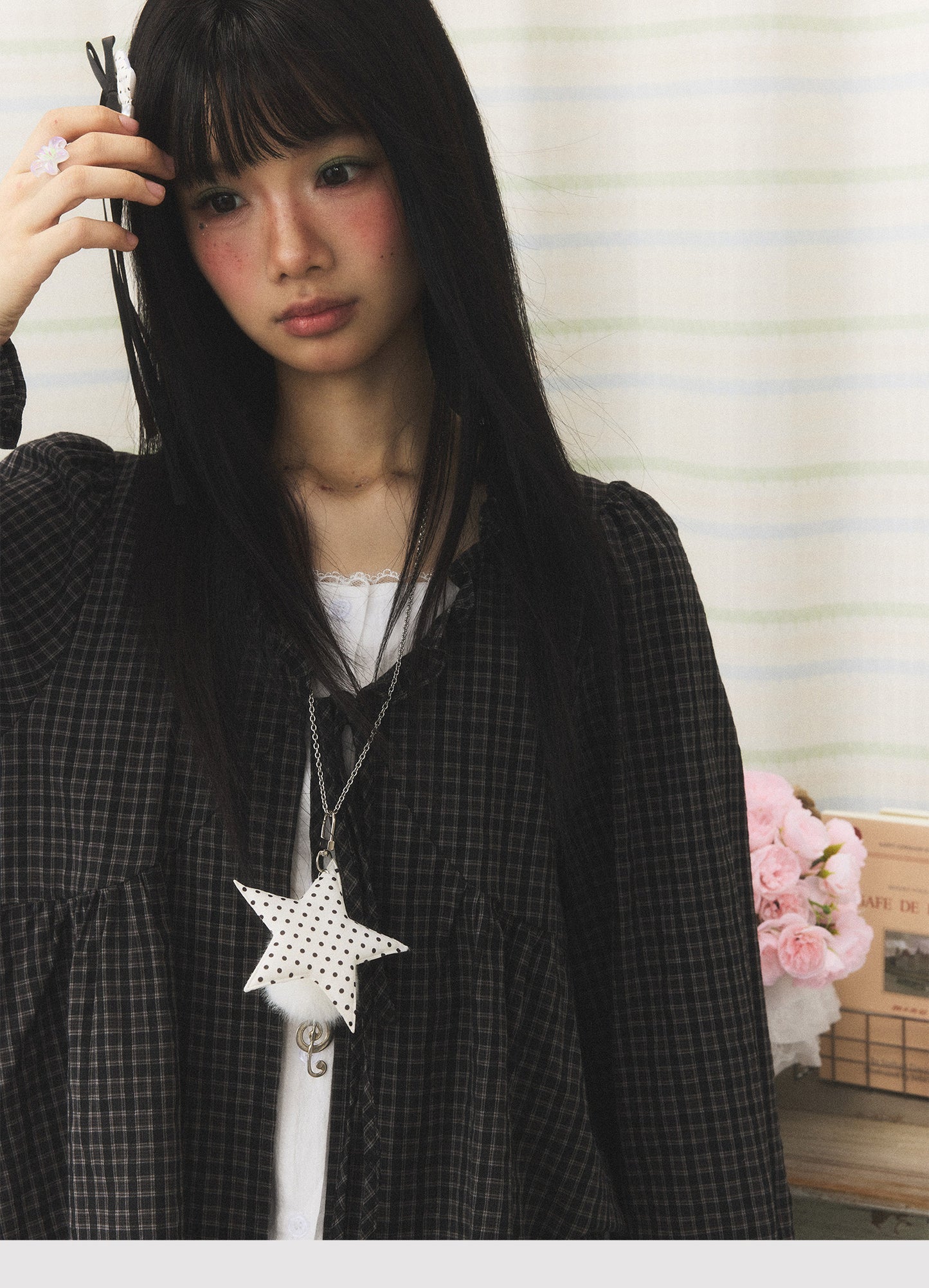 Charcoal Plaid Faux-Layer Ruffle Tie-Front Blouse