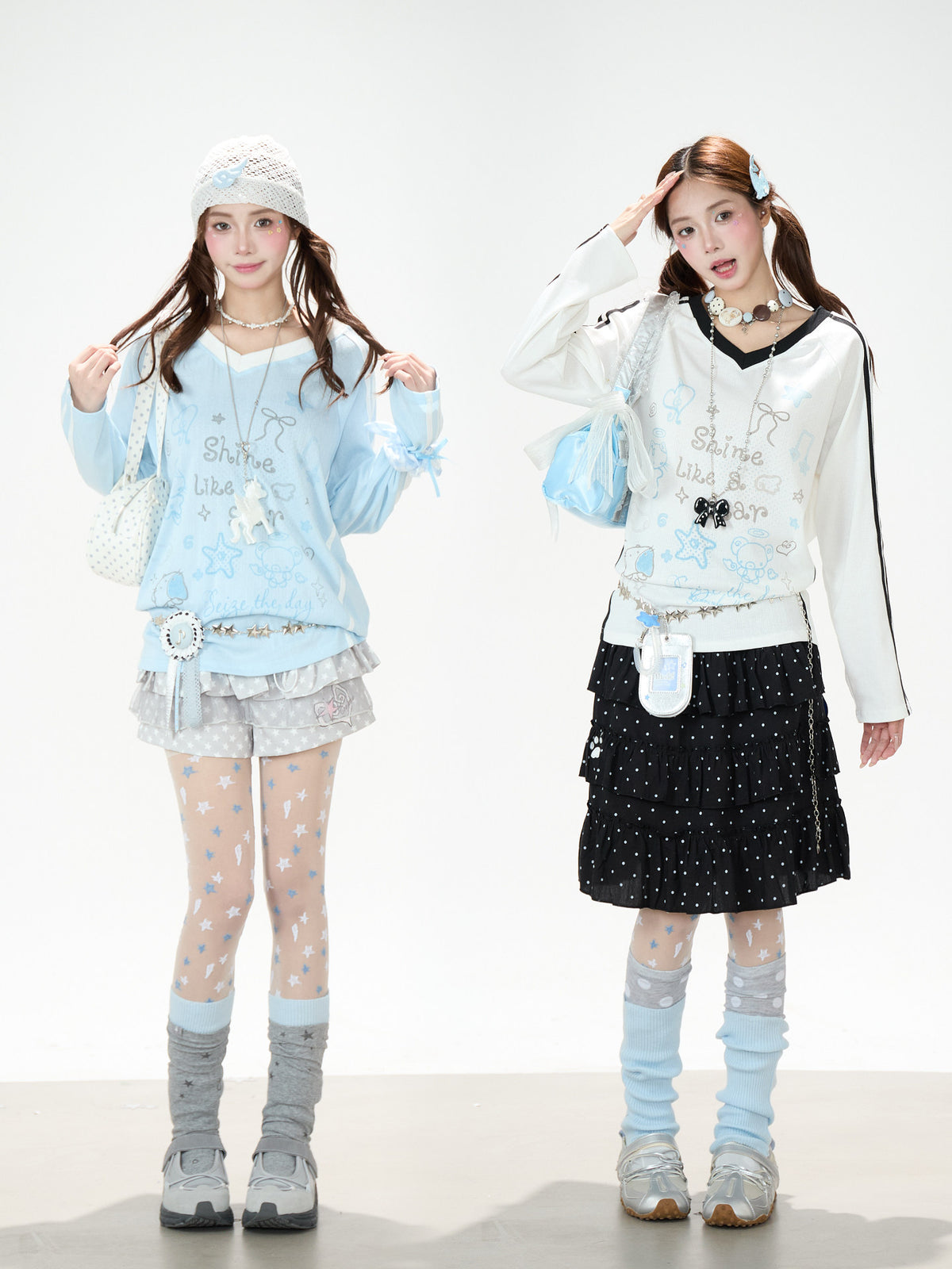 Dreamy Doodle V-Neck Long Sleeve Top & Polka Dot Tiered Ruffle Skirt