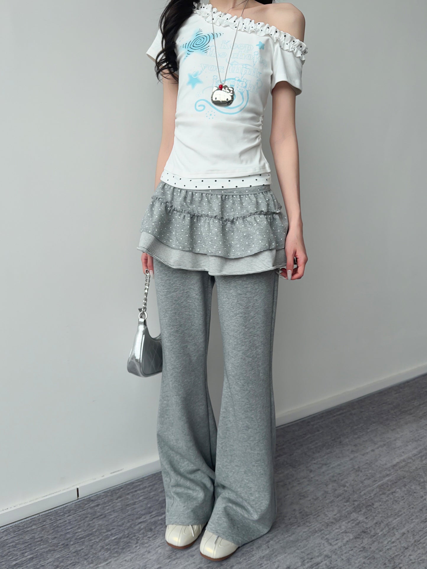 Blue Star Polka Dot Ruffle One-Shoulder Tee