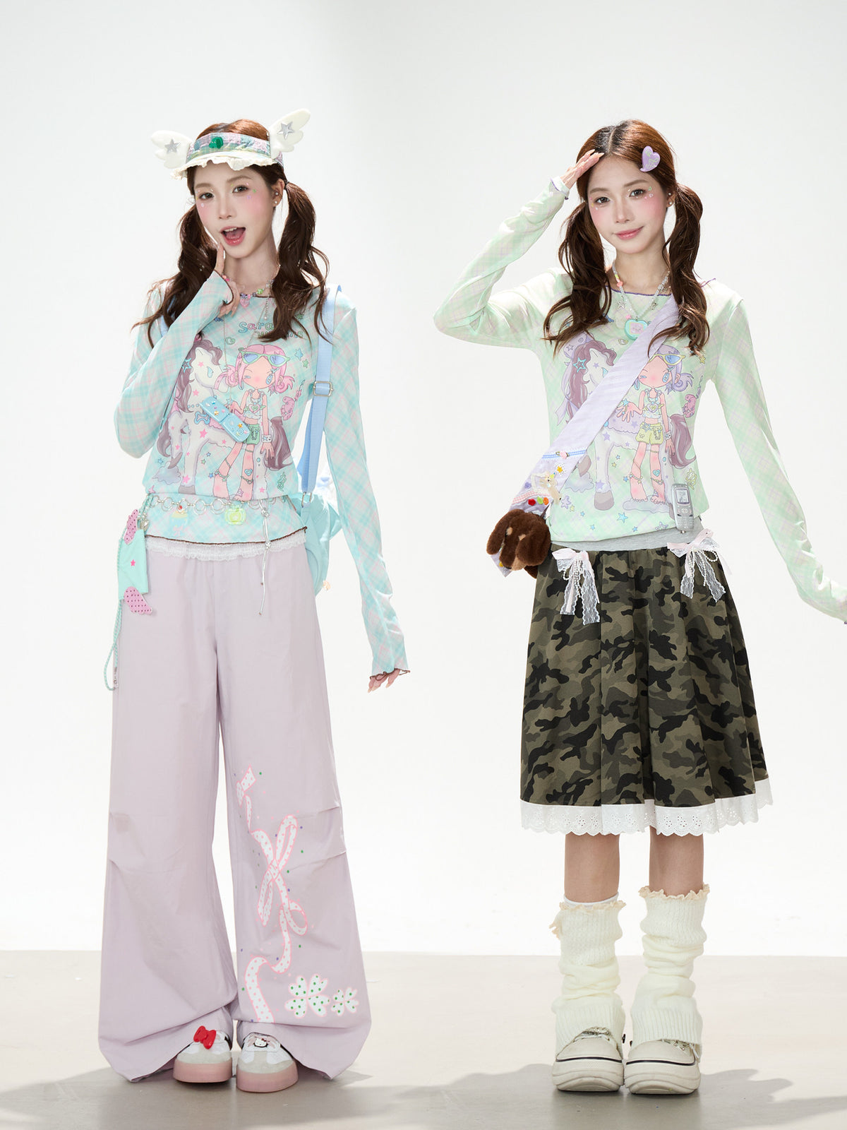 Pastel Anime Plaid Long Sleeve Top & Camo Lace-Trim Midi Skirt