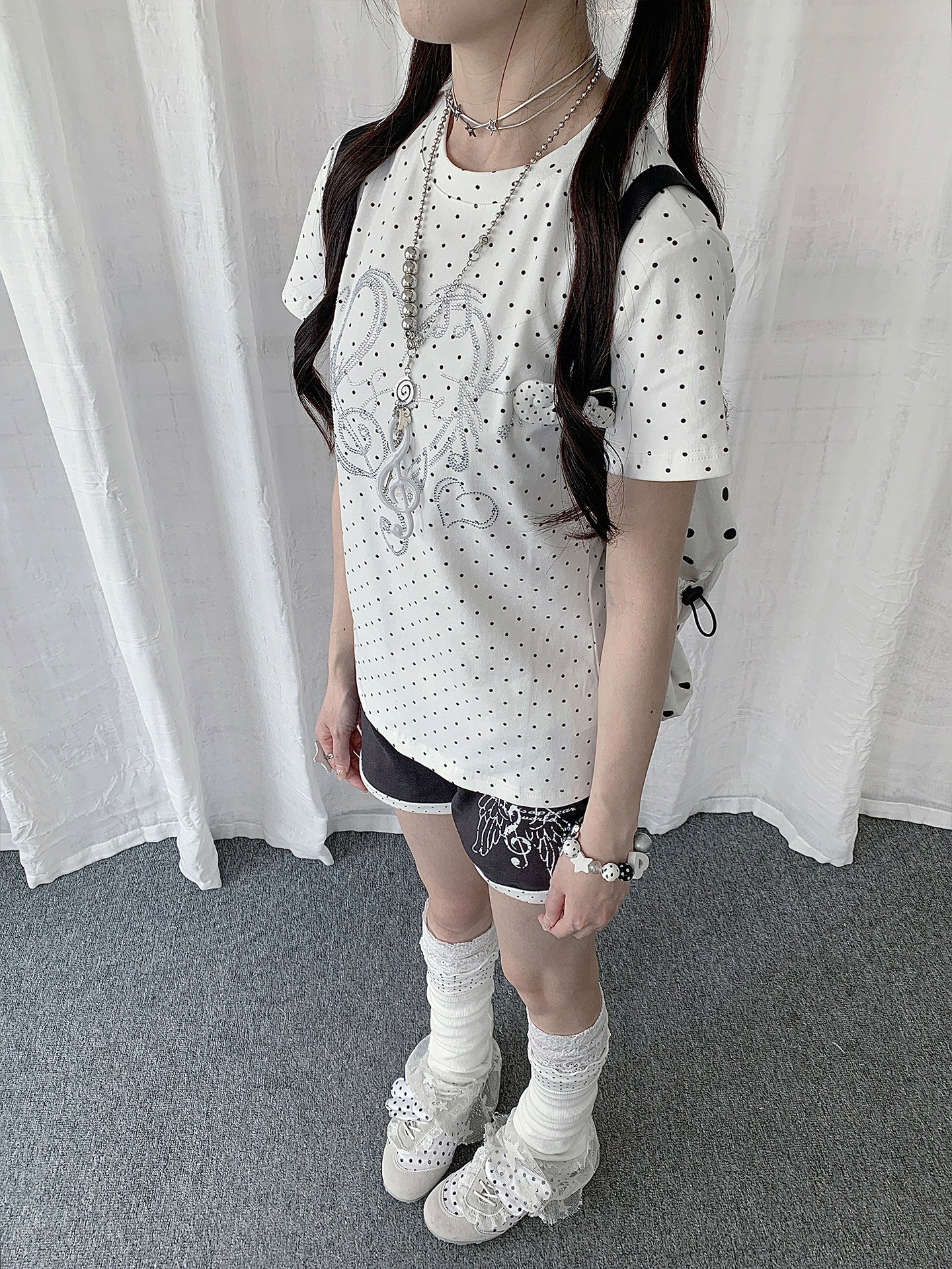 Heart Note Rhinestone Polka Dot Fitted Tee