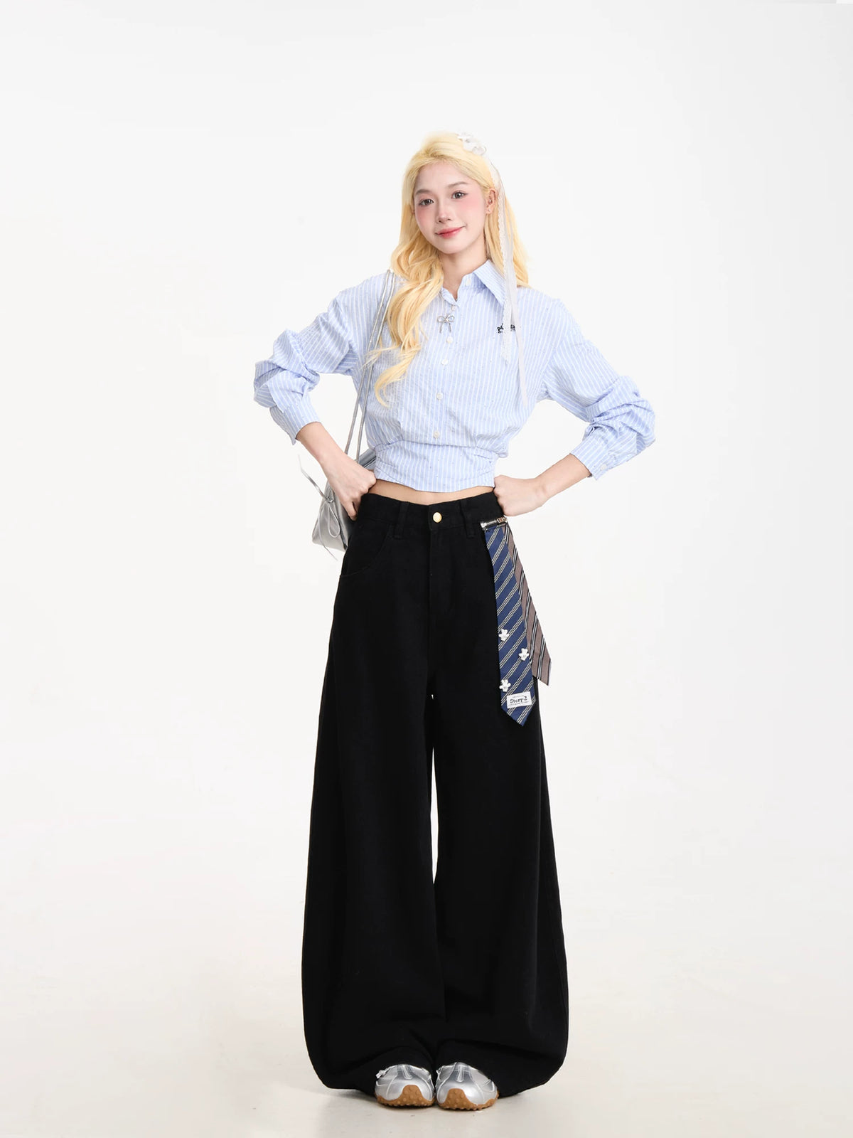 Curved-Leg Wide-Leg Pants with Detachable Tie