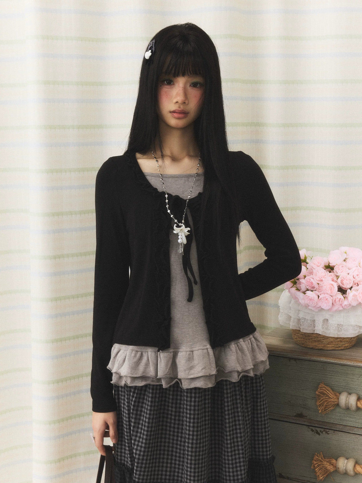 Ruffle Hem Tie-Front Faux-Layered Long Sleeve Top