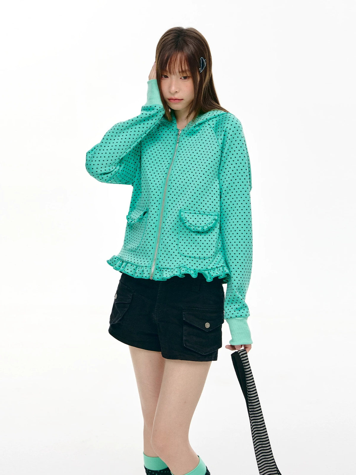Mint Micro-Star Ruffle-Hem Zip-Up Hoodie