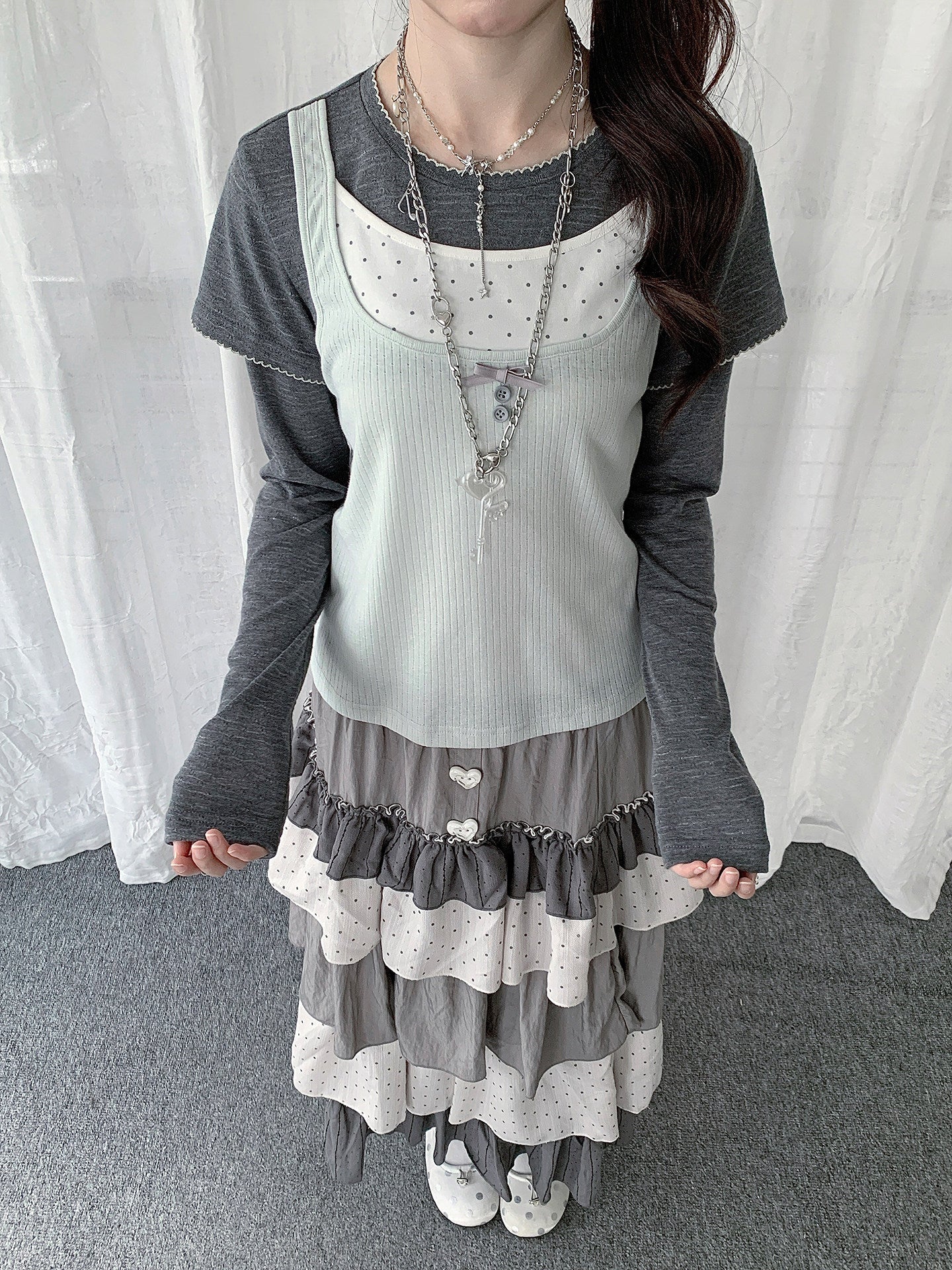 Mint Haze Faux Triple-Layer Long Sleeve Top