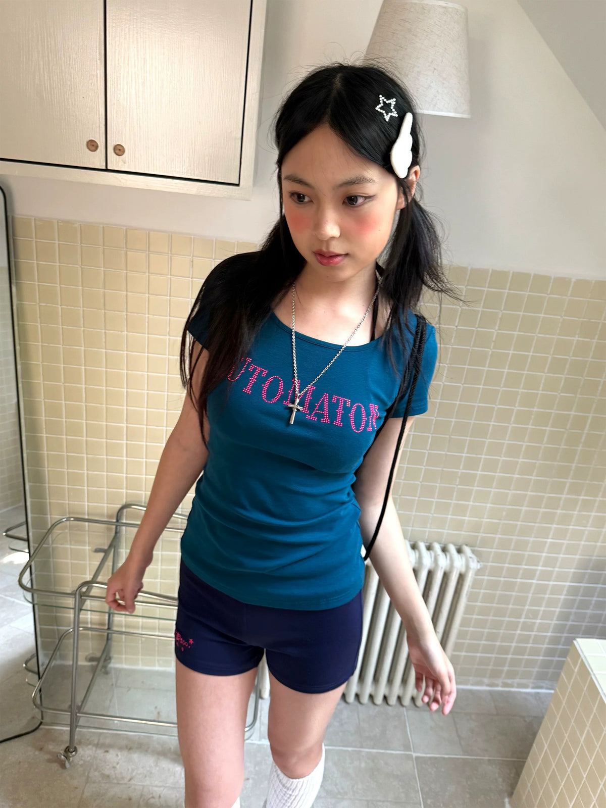 Dark Navy Rhinestone Letter Fitted Baby Tee