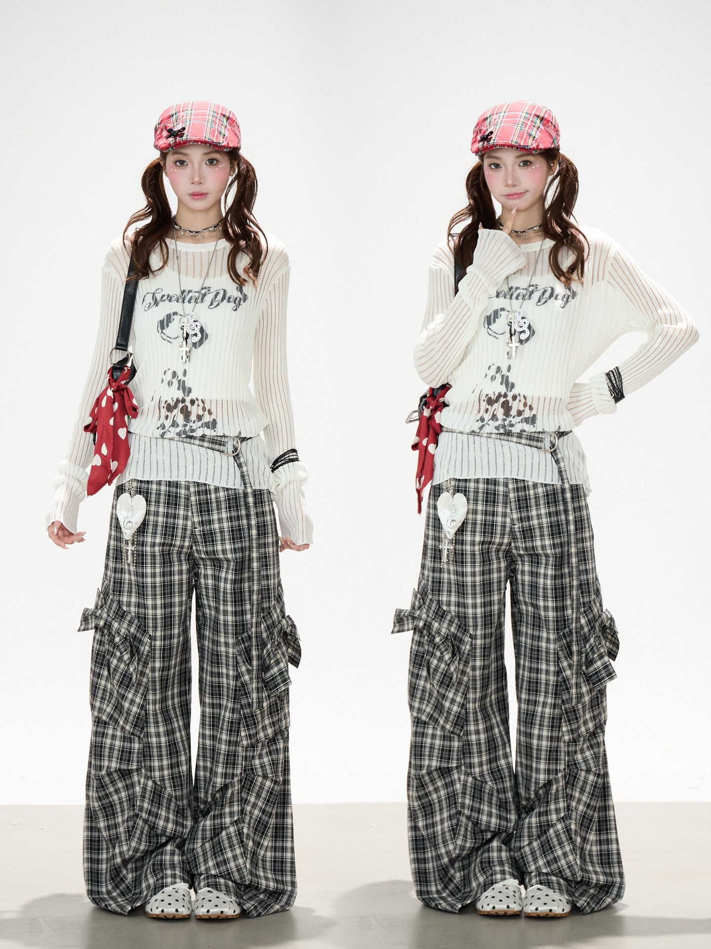 Dalmatian Sheer Knit Top & Black Plaid Ruffle Pants