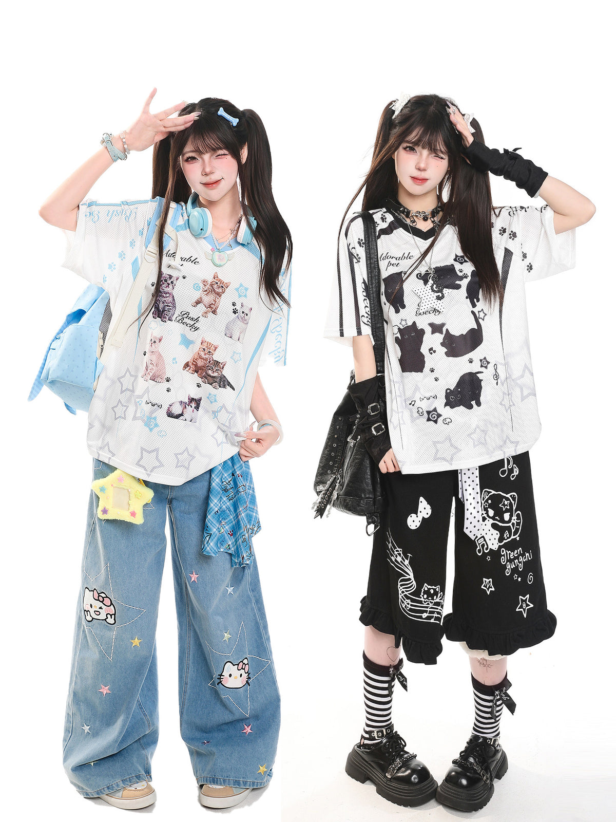 Cartoon Cat V-Neck Oversized Tee