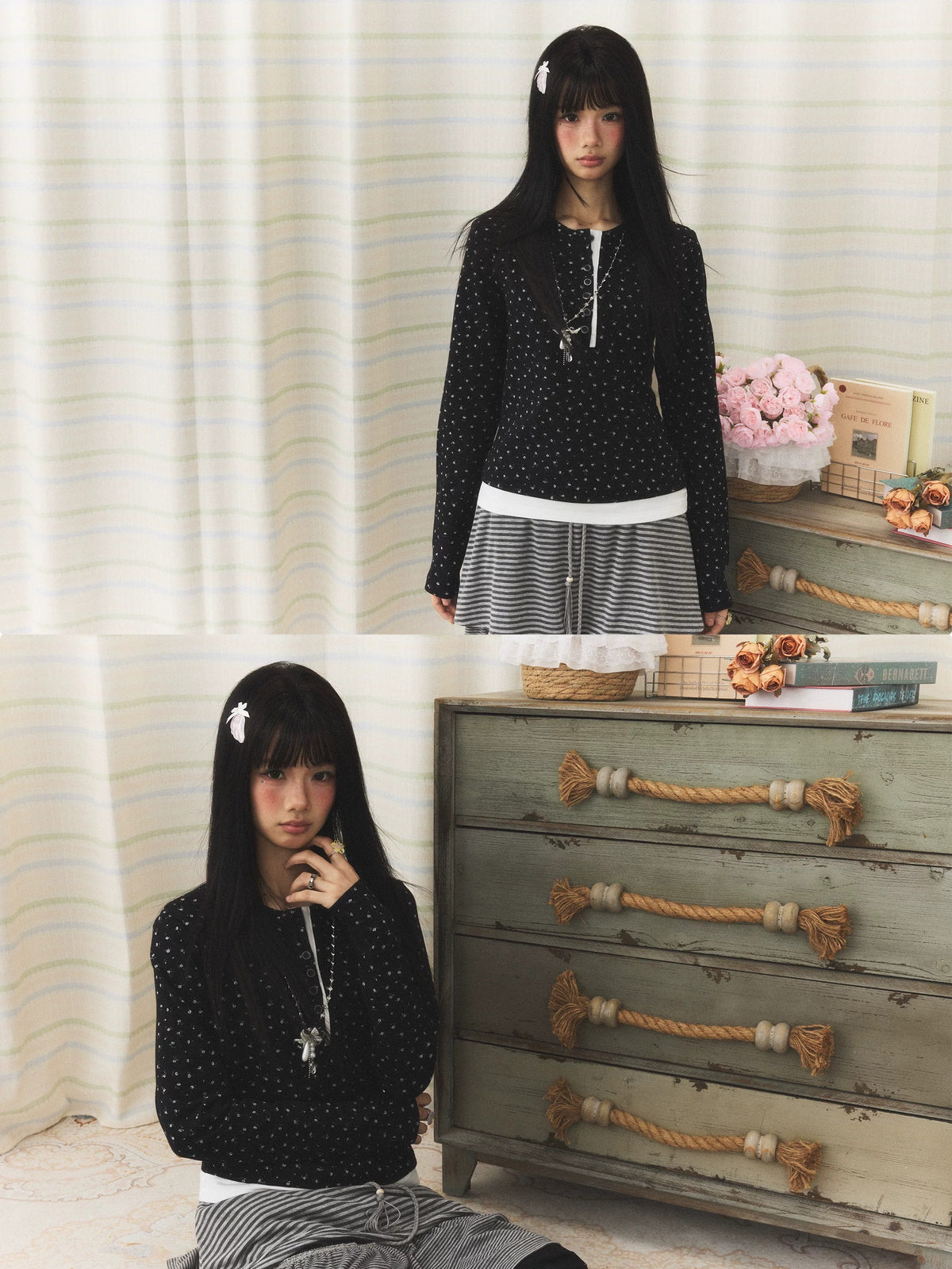 Floral Henley Faux-Layer Long Sleeve Top
