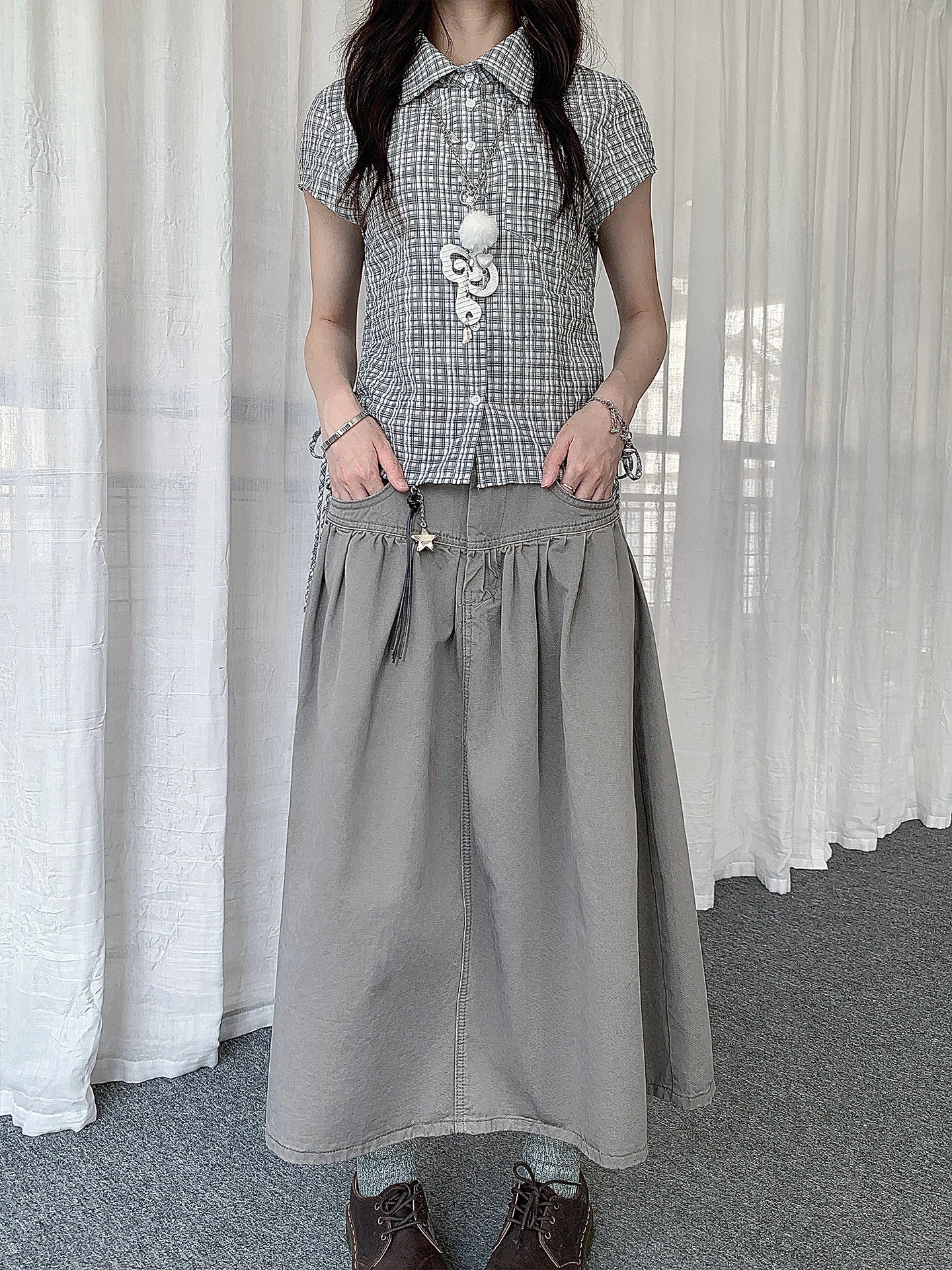 Star Charm Pleated Utility Midi Skirt