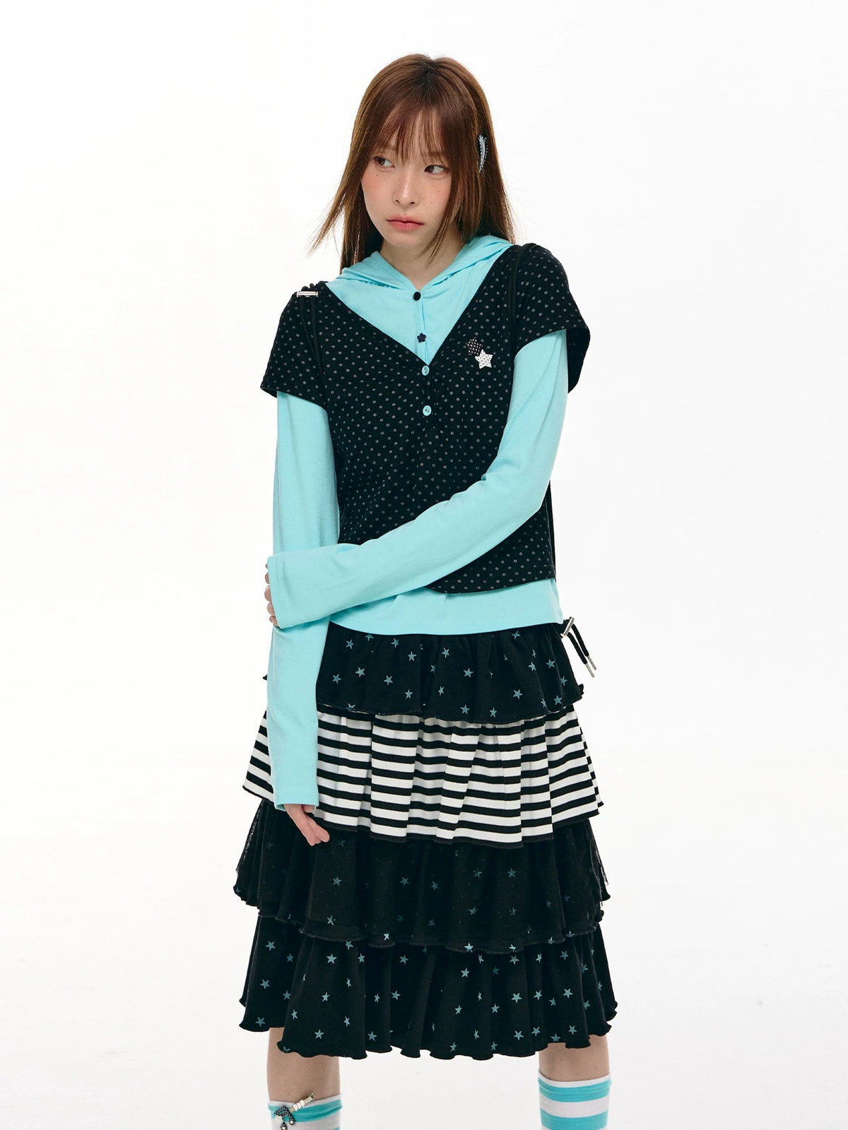 Star Stripe Tiered Ruffle Midi Skirt