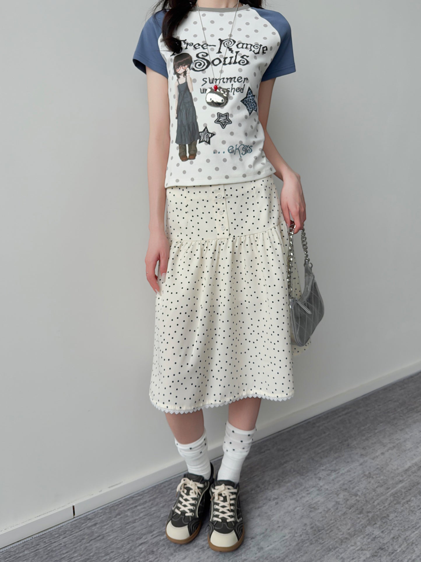 Polka Dot Button Tiered Midi Skirt