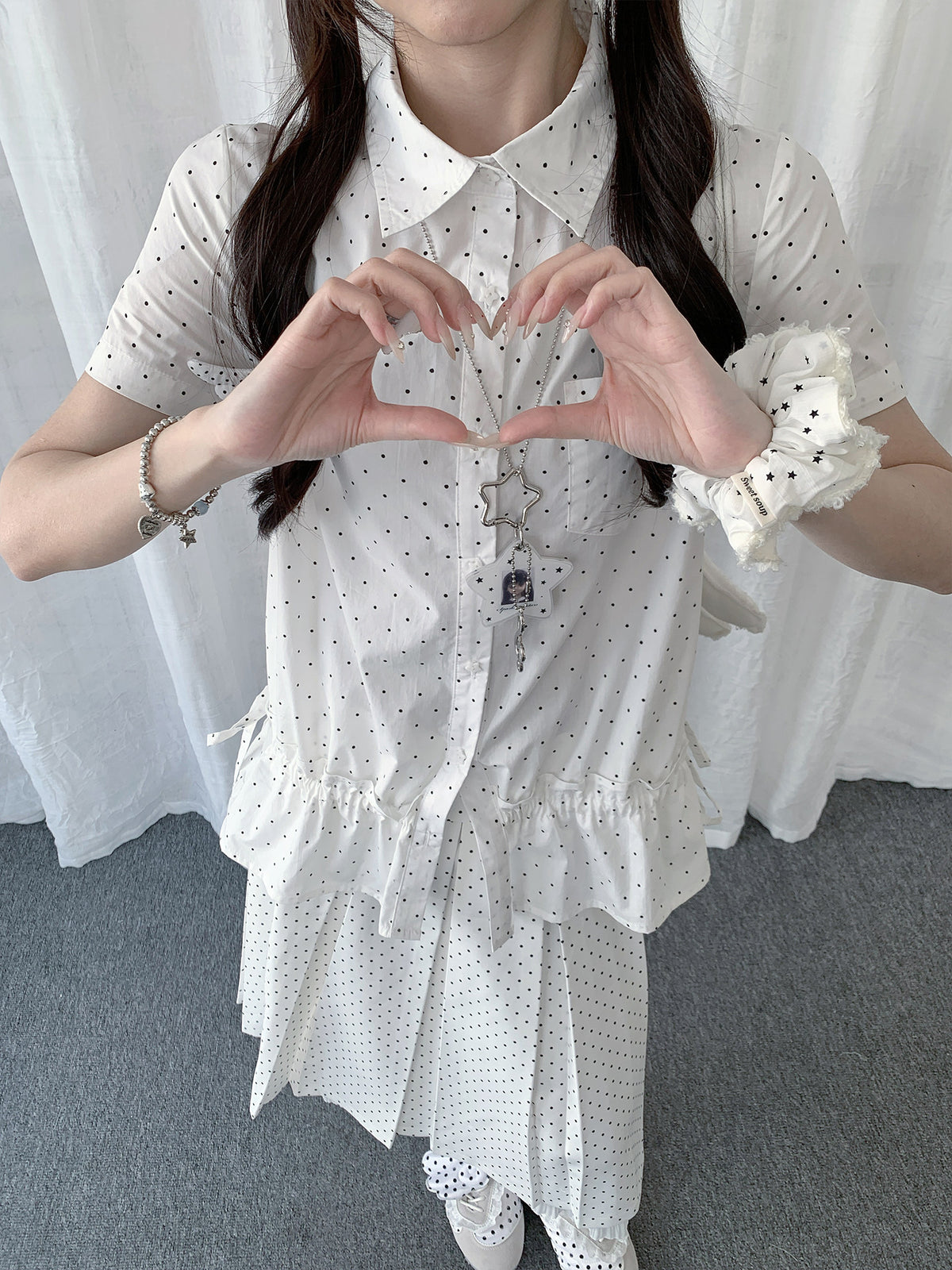 Polka Dot Ruffle-Hem Short Sleeve Shirt