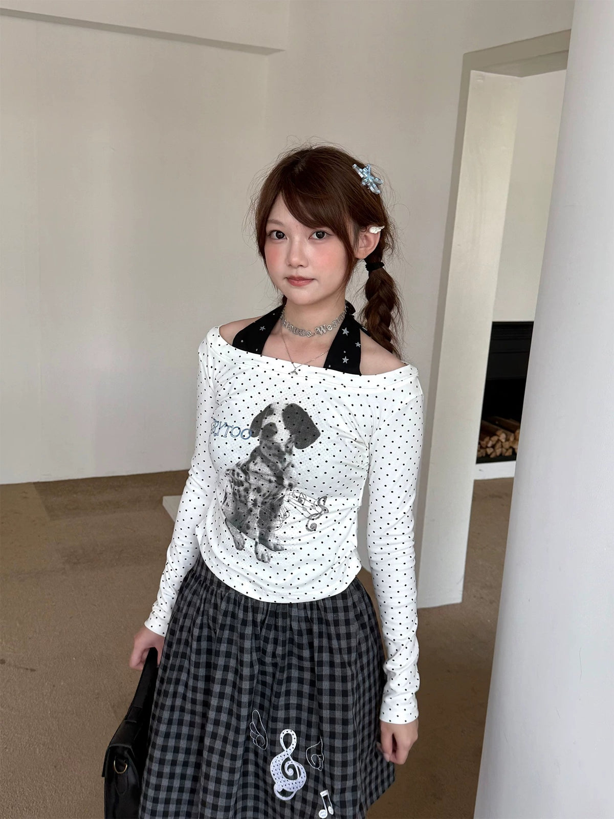 White Polka Dot Puppy Off-Shoulder Long Sleeve Top