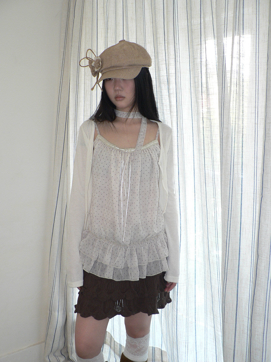 Polka Dot Ruffle Camisole & Cardigan Set with Scarf
