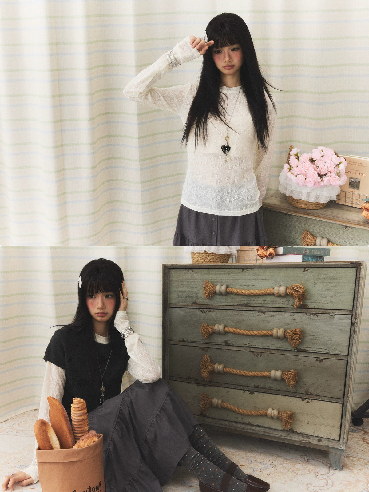 Floral Lace Long Sleeve & Jacquard Knit Short Sleeve Top
