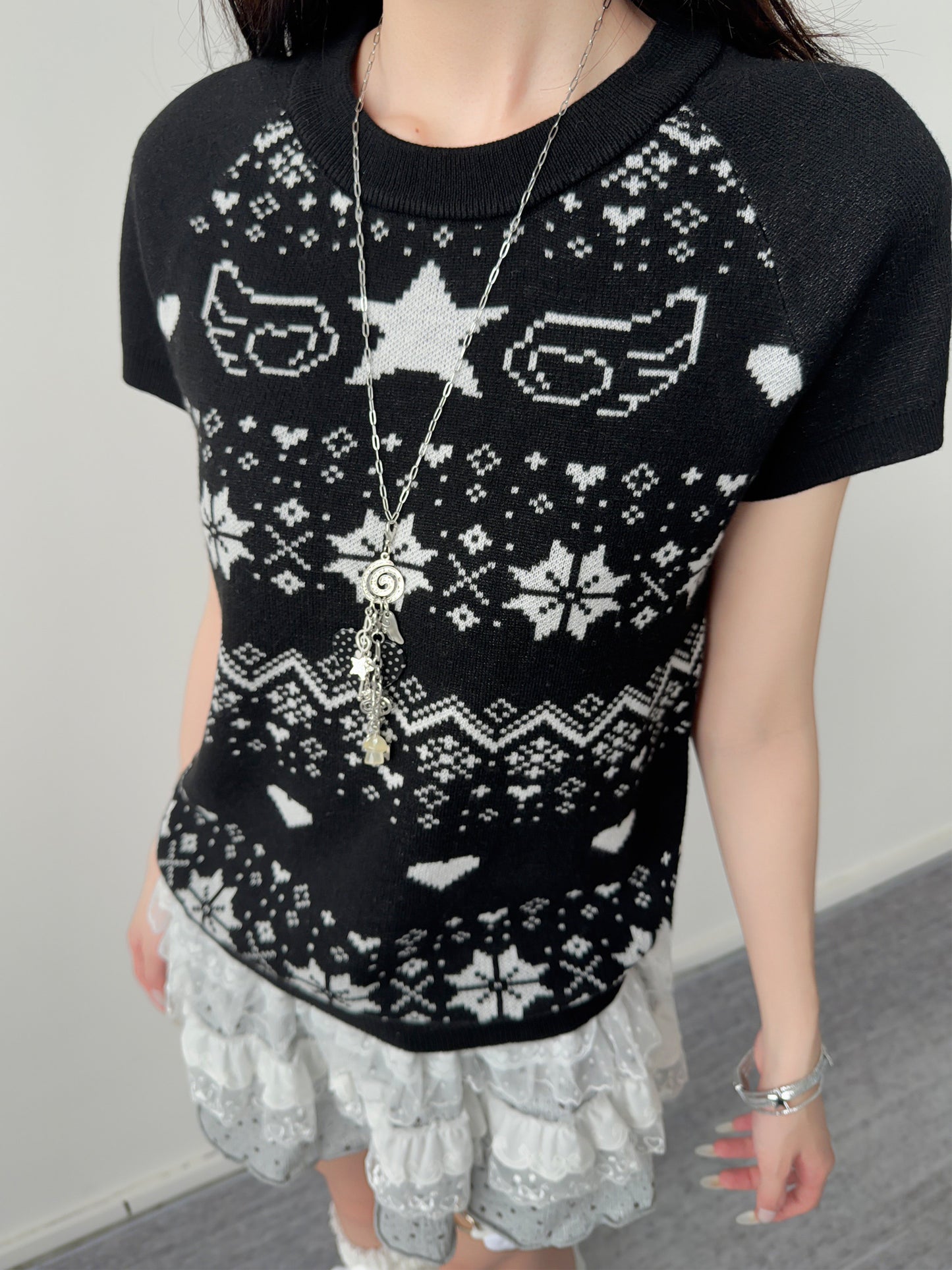 Star Wing Fair Isle Short-Sleeve Knit Top