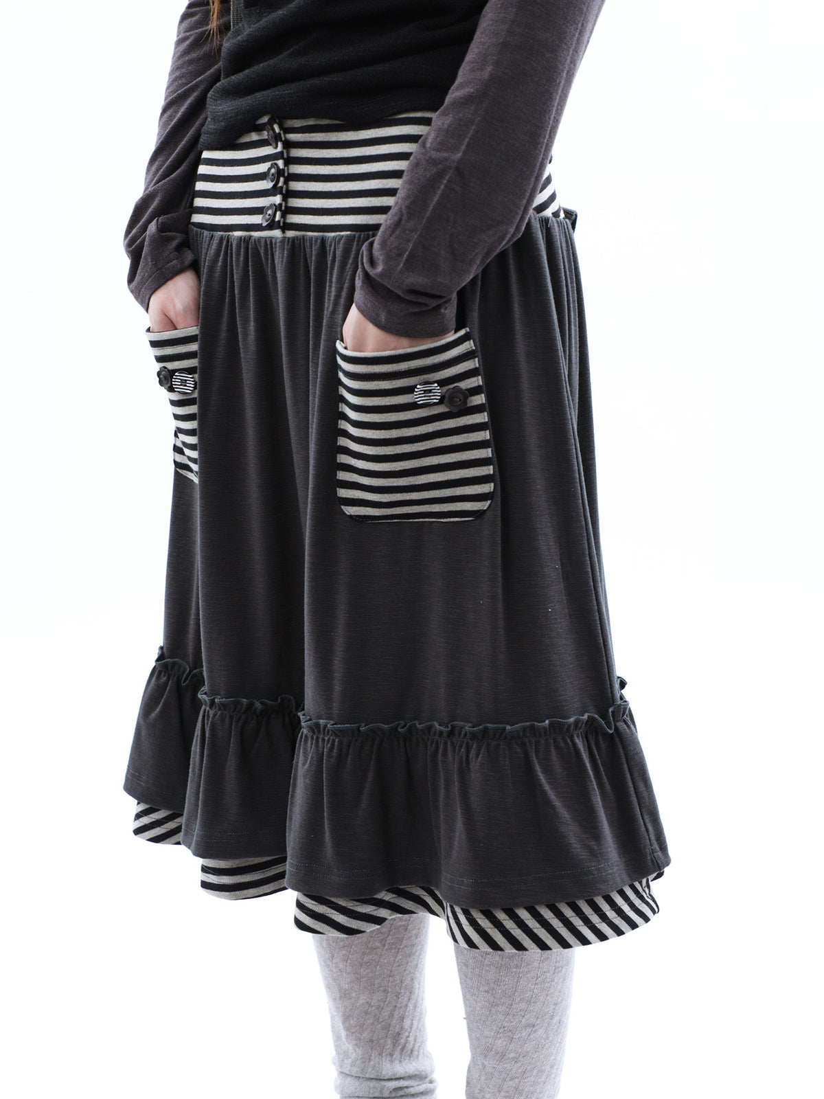 Striped Pocket Ruffle Layered Midi Skirt