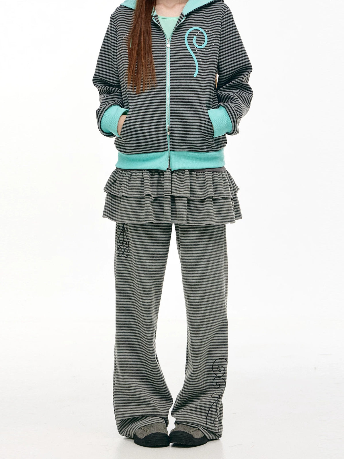 Striped Ruffle-Overlay Wide-Leg Pants