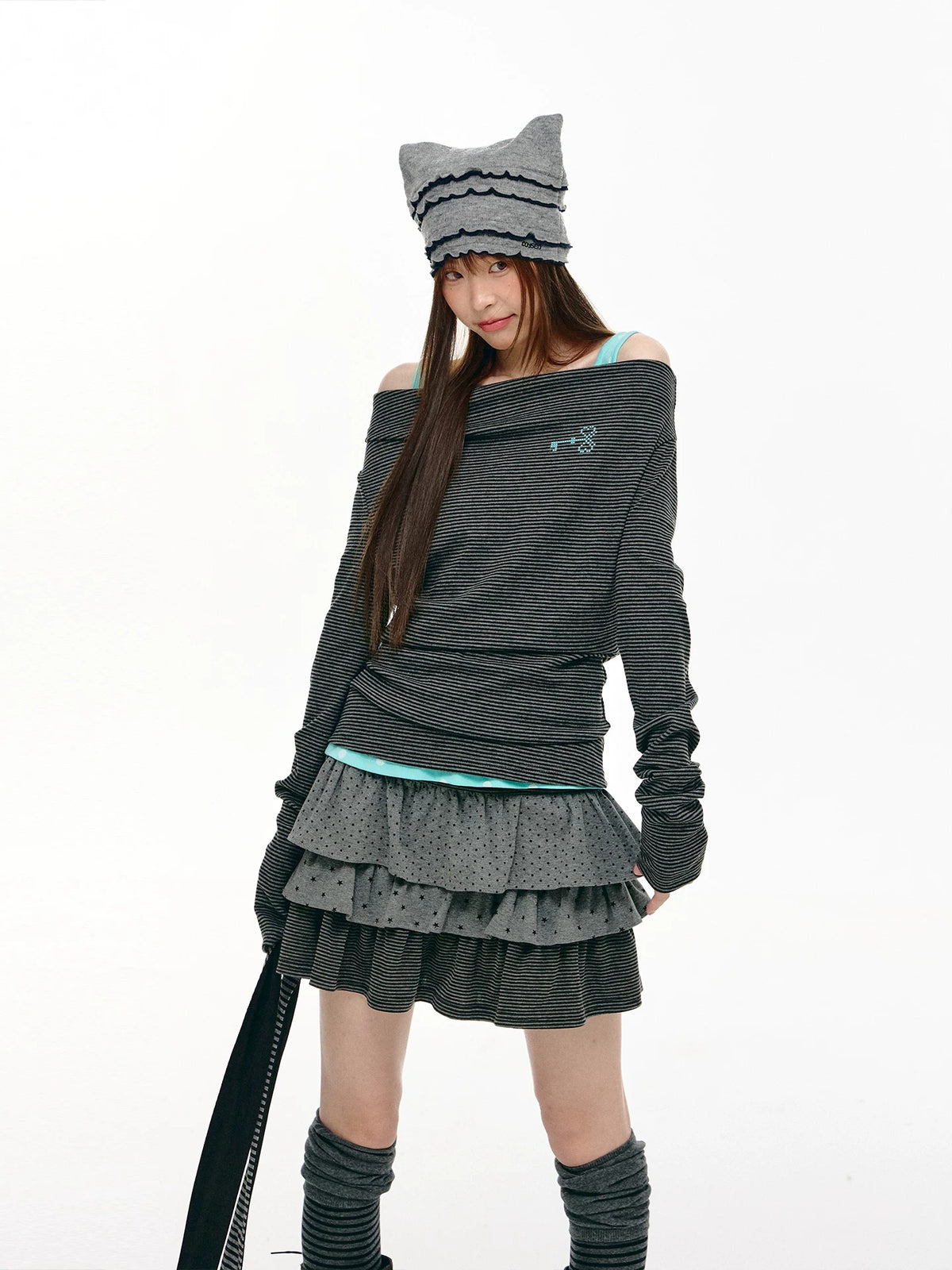 Charcoal Stripe Off-Shoulder Faux-Layer Long Sleeve Top