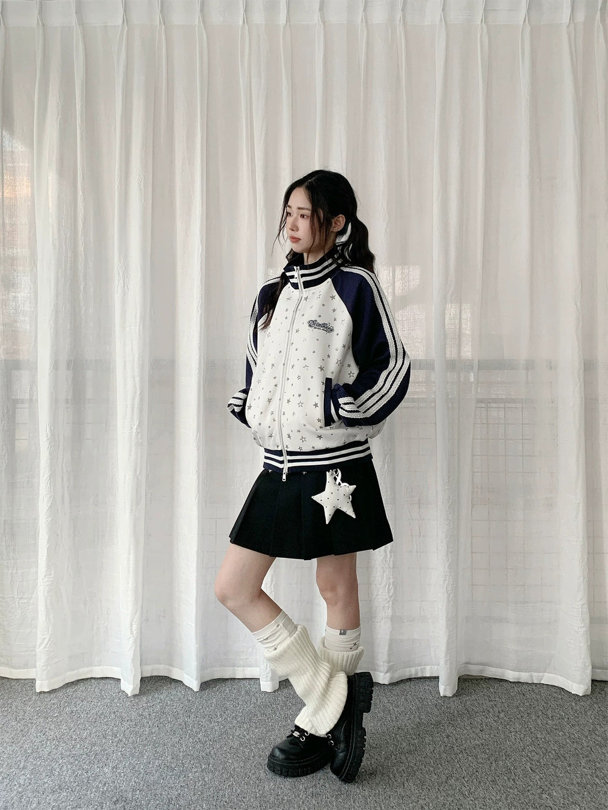 Star Print Contrast Zip-Up Track Jacket
