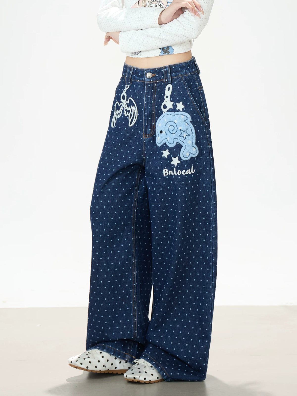 Dolphin Embroidered Polka Dot Wide-Leg Jeans