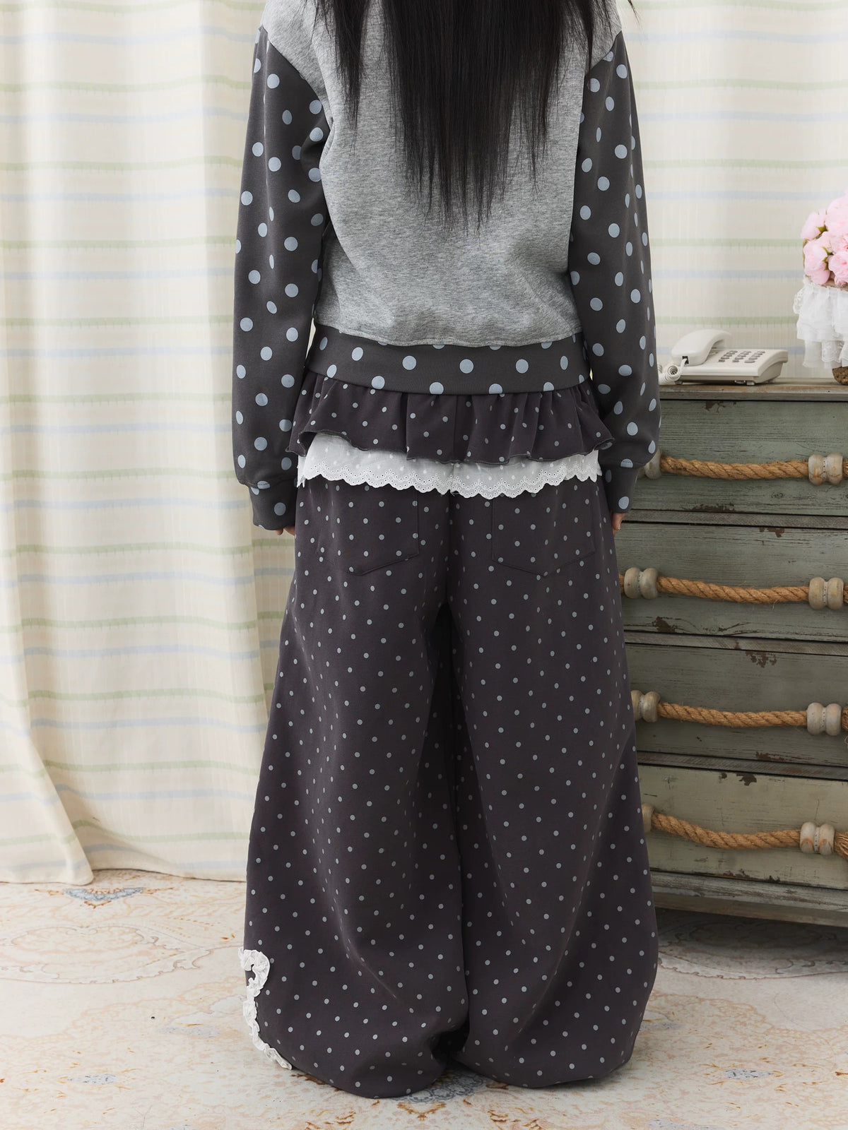Polka Dot Lace Ruffle-Layer Wide-Leg Pants
