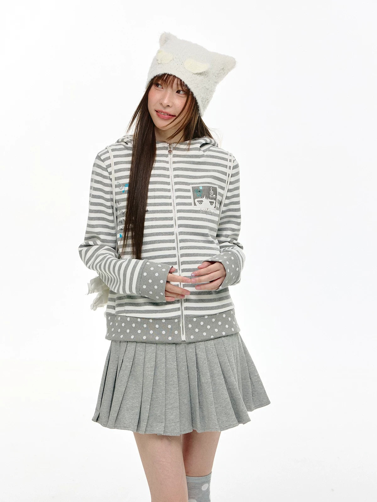 Mint & Gray Stripe Cat-Ear Zip Hoodie