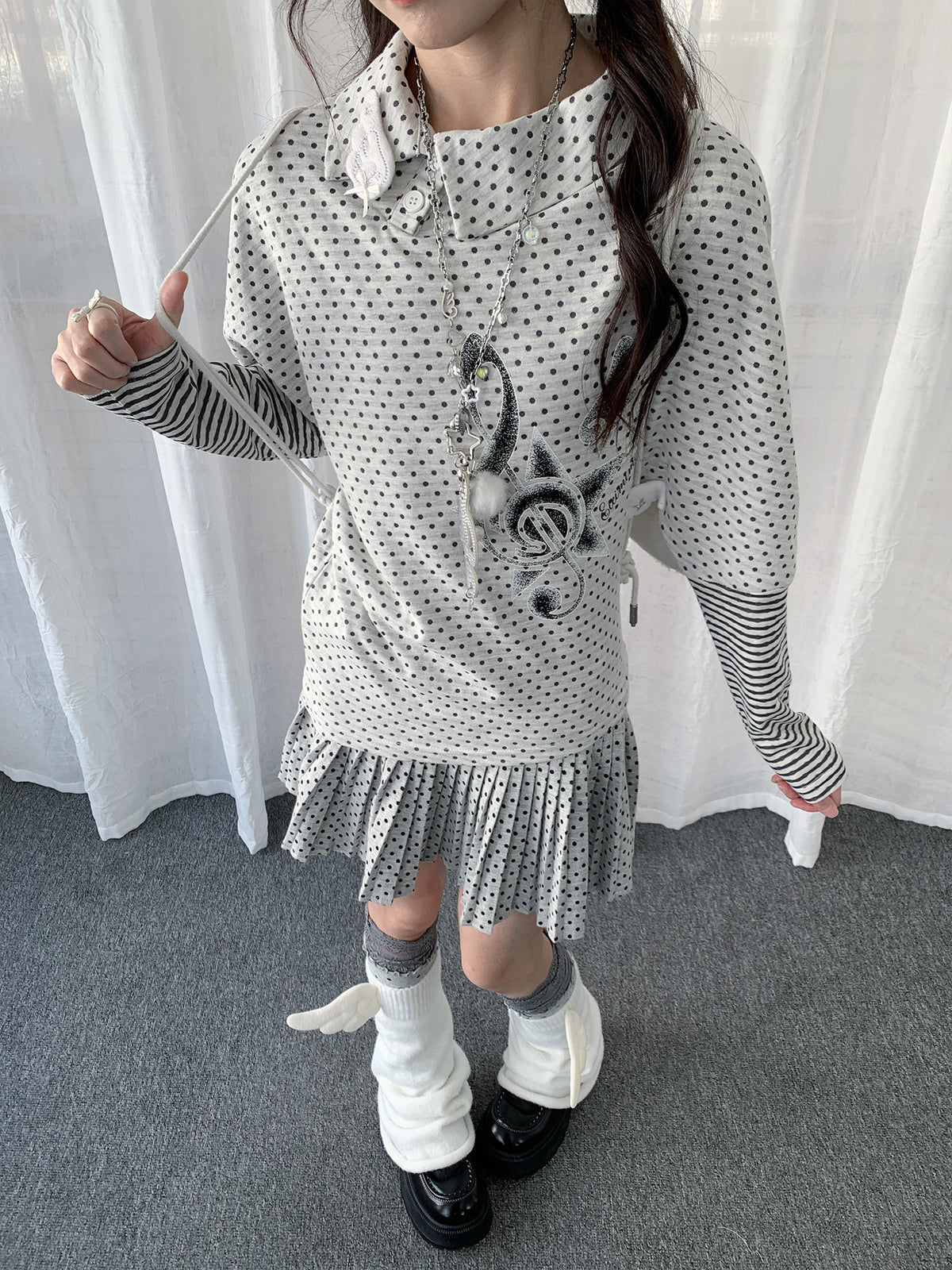 Polka Dot Collar Striped Layered Long Sleeve Top
