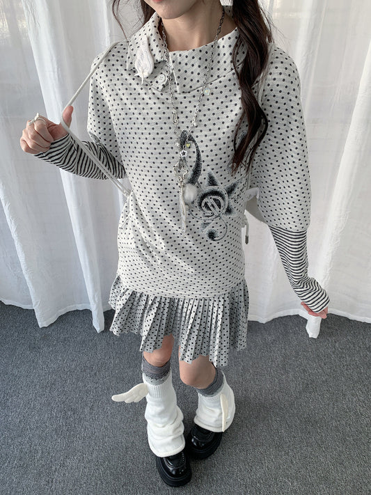 Polka Dot Collar Striped Layered Long Sleeve Top
