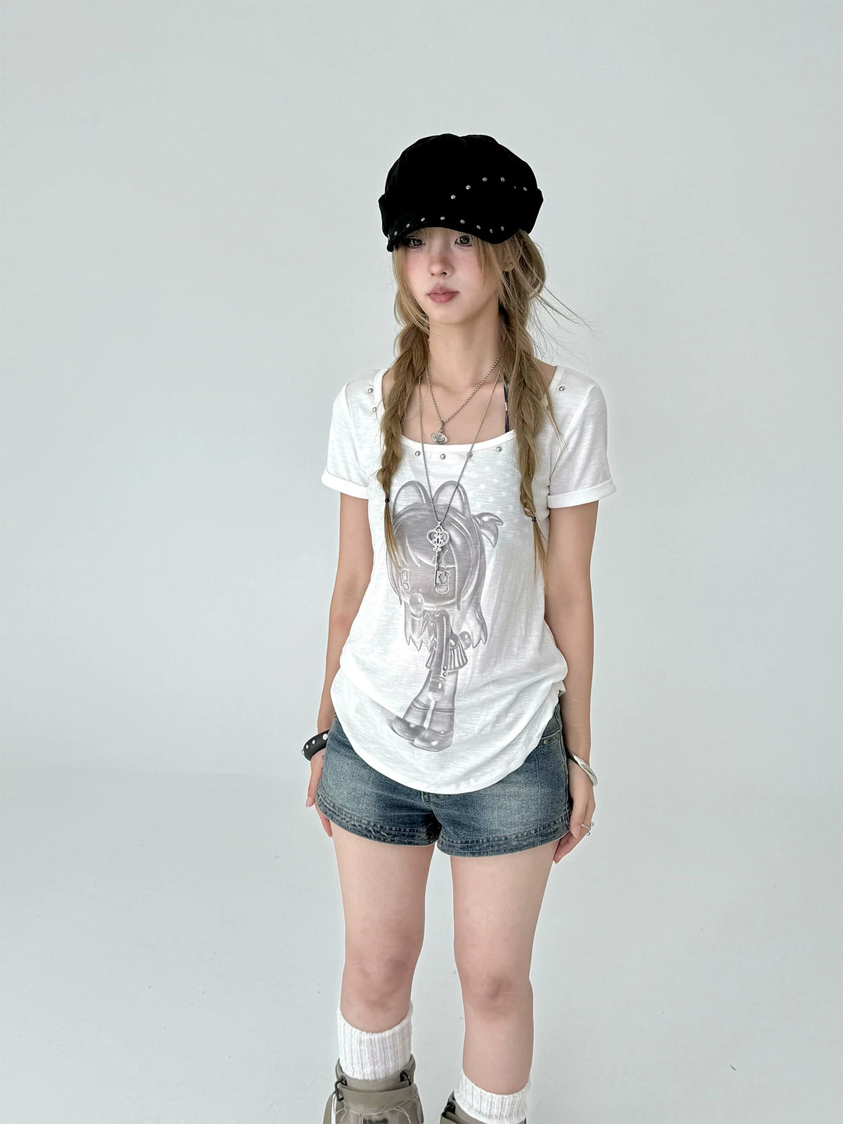 Studded Girl Graphic Scoop-Neck Tee