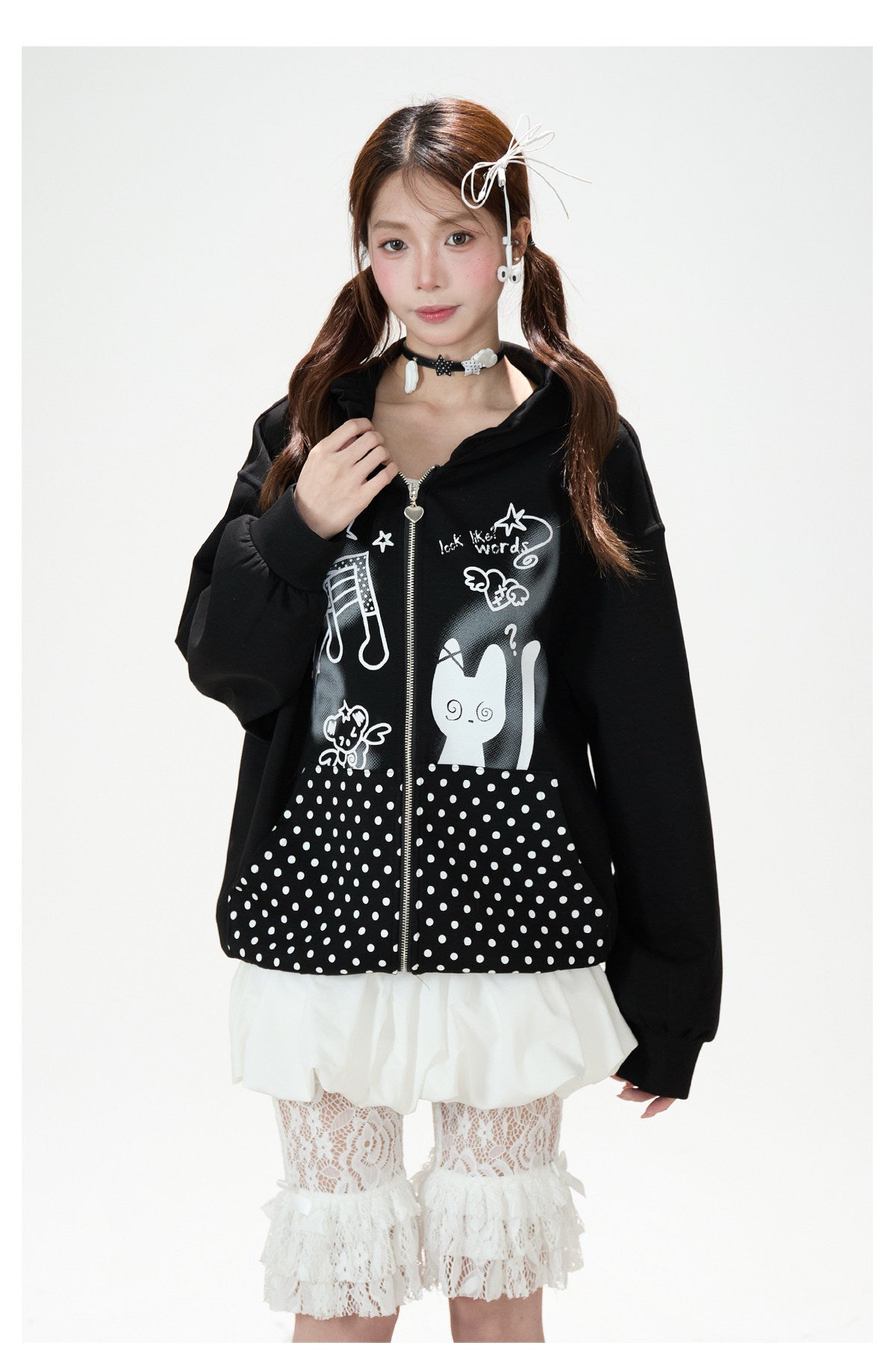 Cartoon Polka-Dot Zip-Up Hoodie & Star Print Shorts