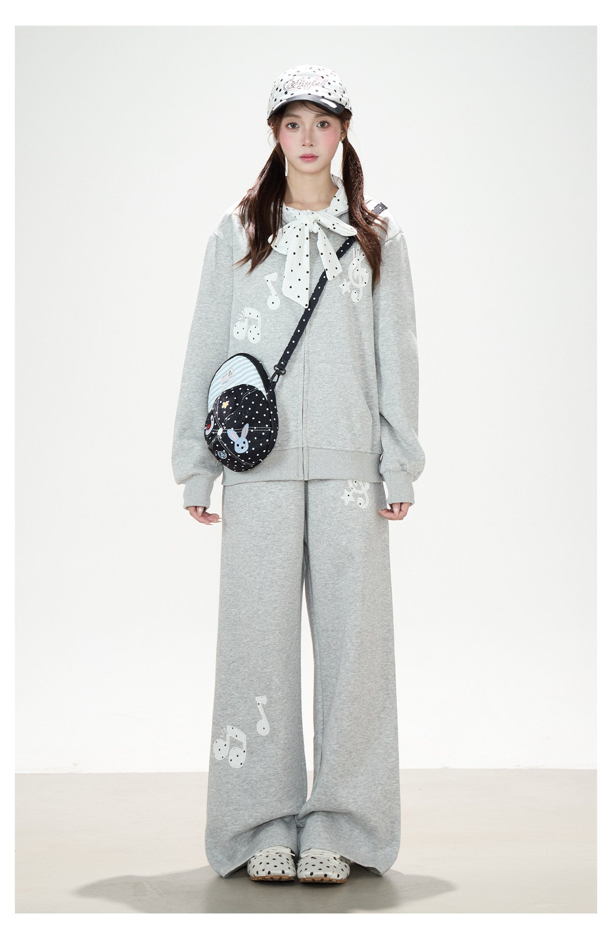 Music Note Polka-Dot Bow Zip-Up Hoodie & Gray Wide-Leg Pants