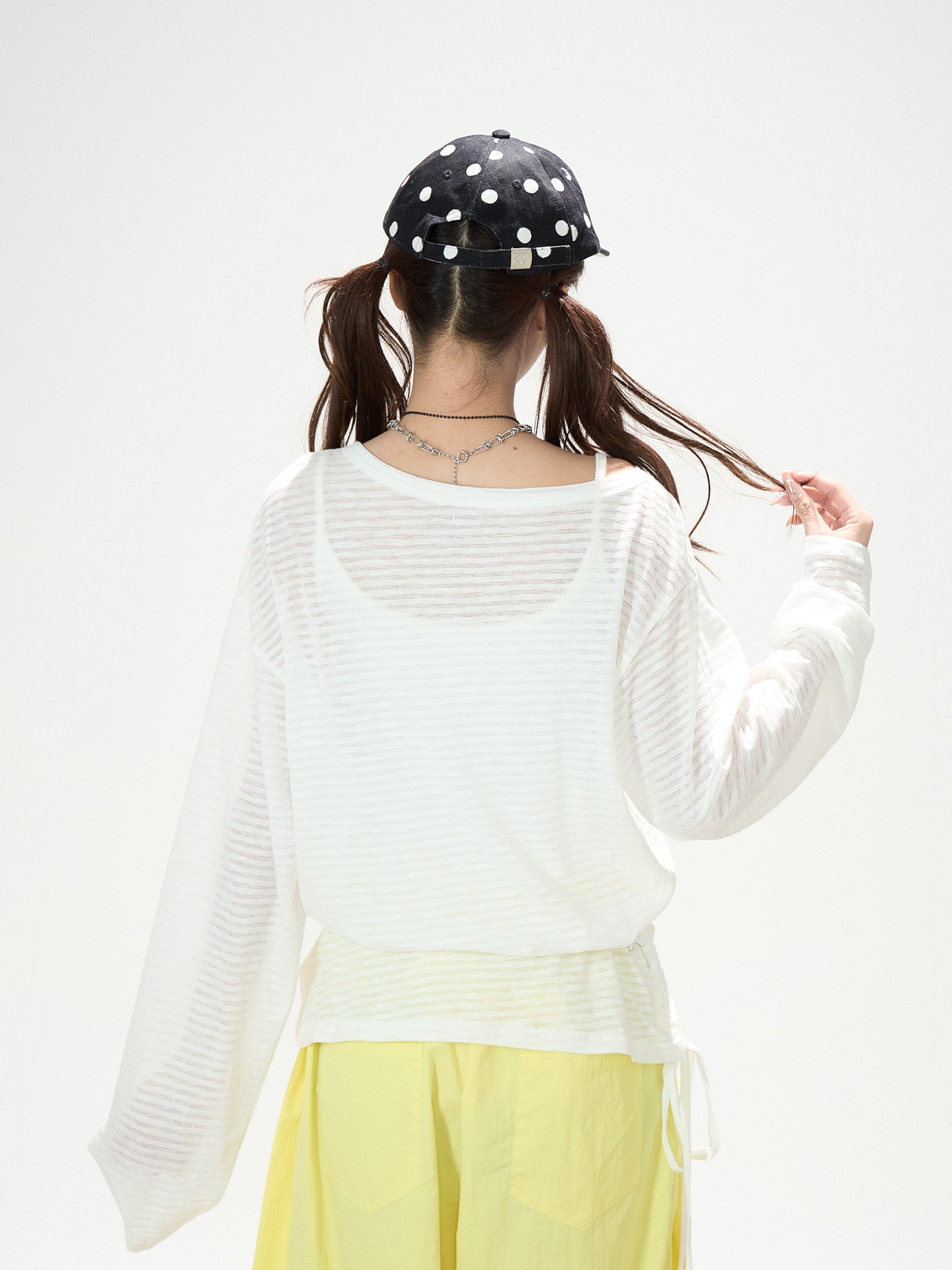 Star Stripe Sheer Long Sleeve Top & Gray Striped Drawstring Shorts