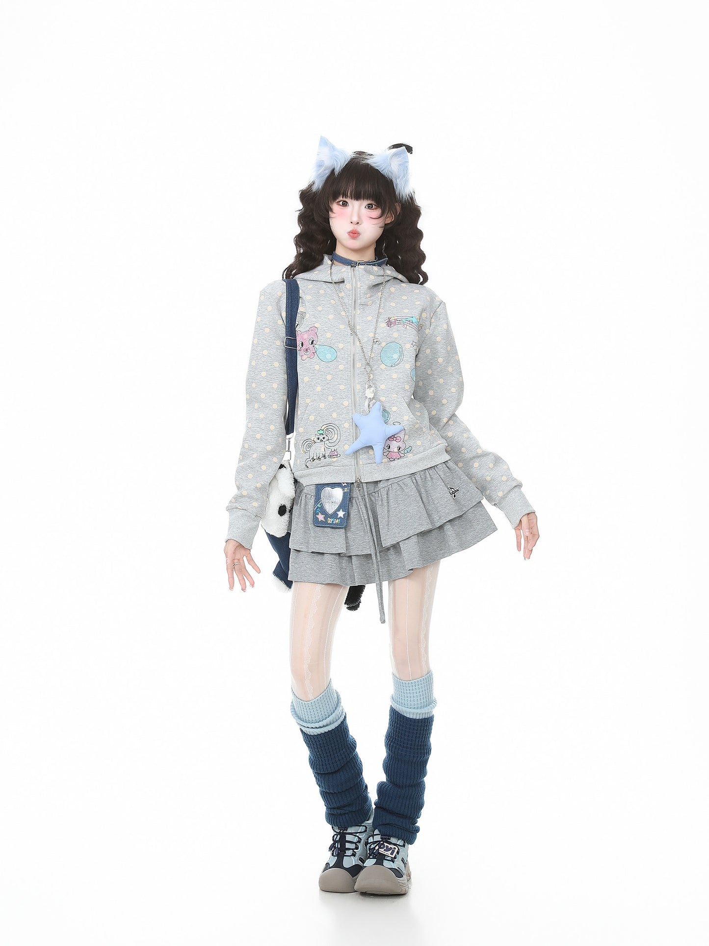 Pastel Doodle Polka Dot Cropped Zip Hoodie
