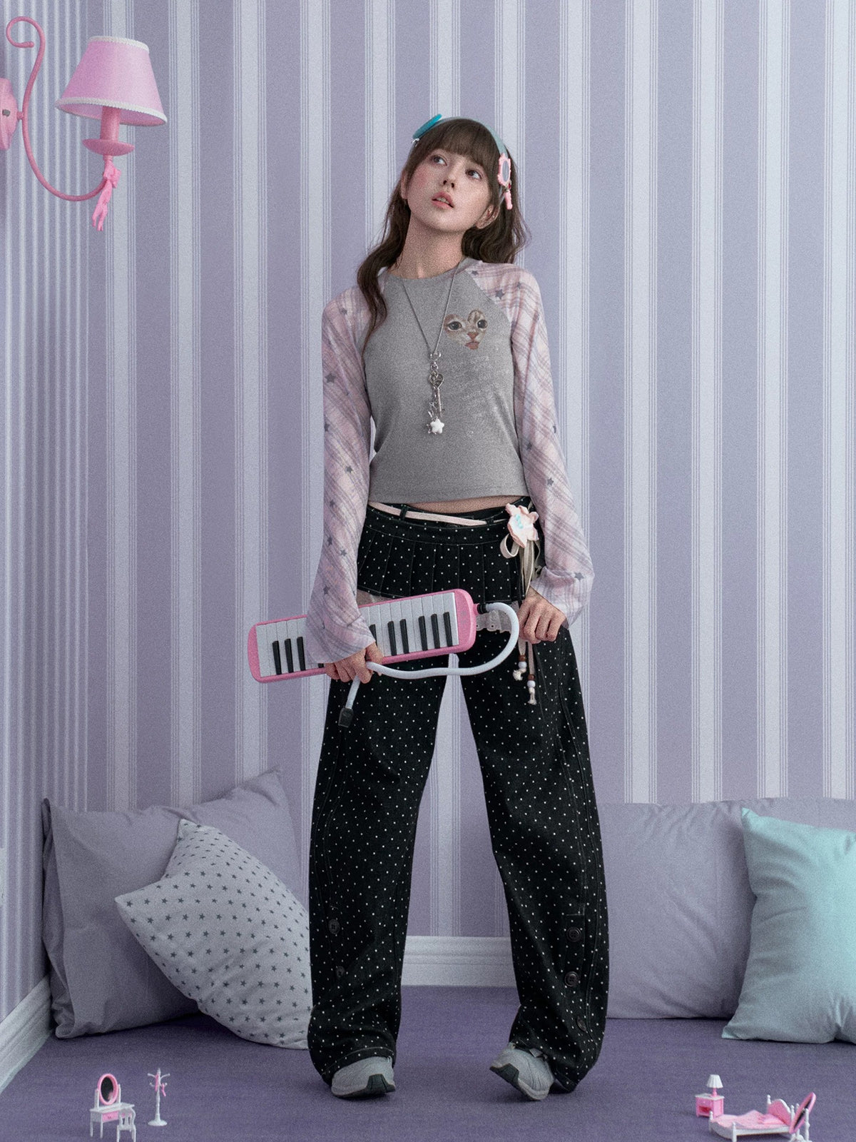 Gray-Pink Kitty Plaid Mesh Raglan Long-Sleeve Top