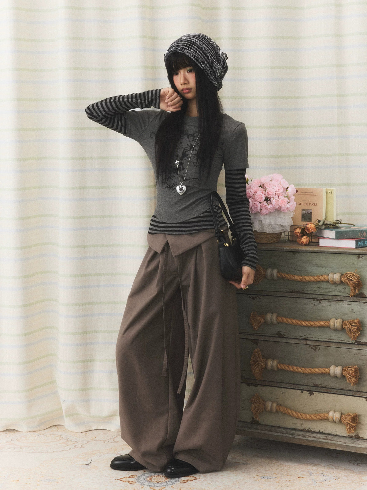 Foldover Tie Wide-Leg Trousers