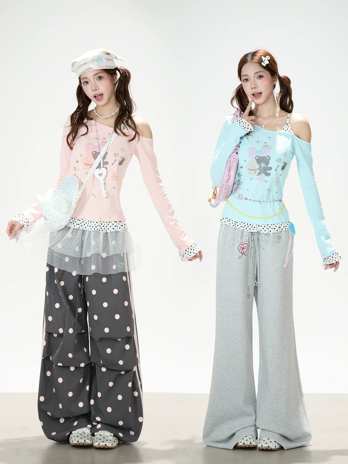 Dreamy Cartoon Off-Shoulder Layered Long Sleeve Top & Polka Dot Wide-Leg Pants