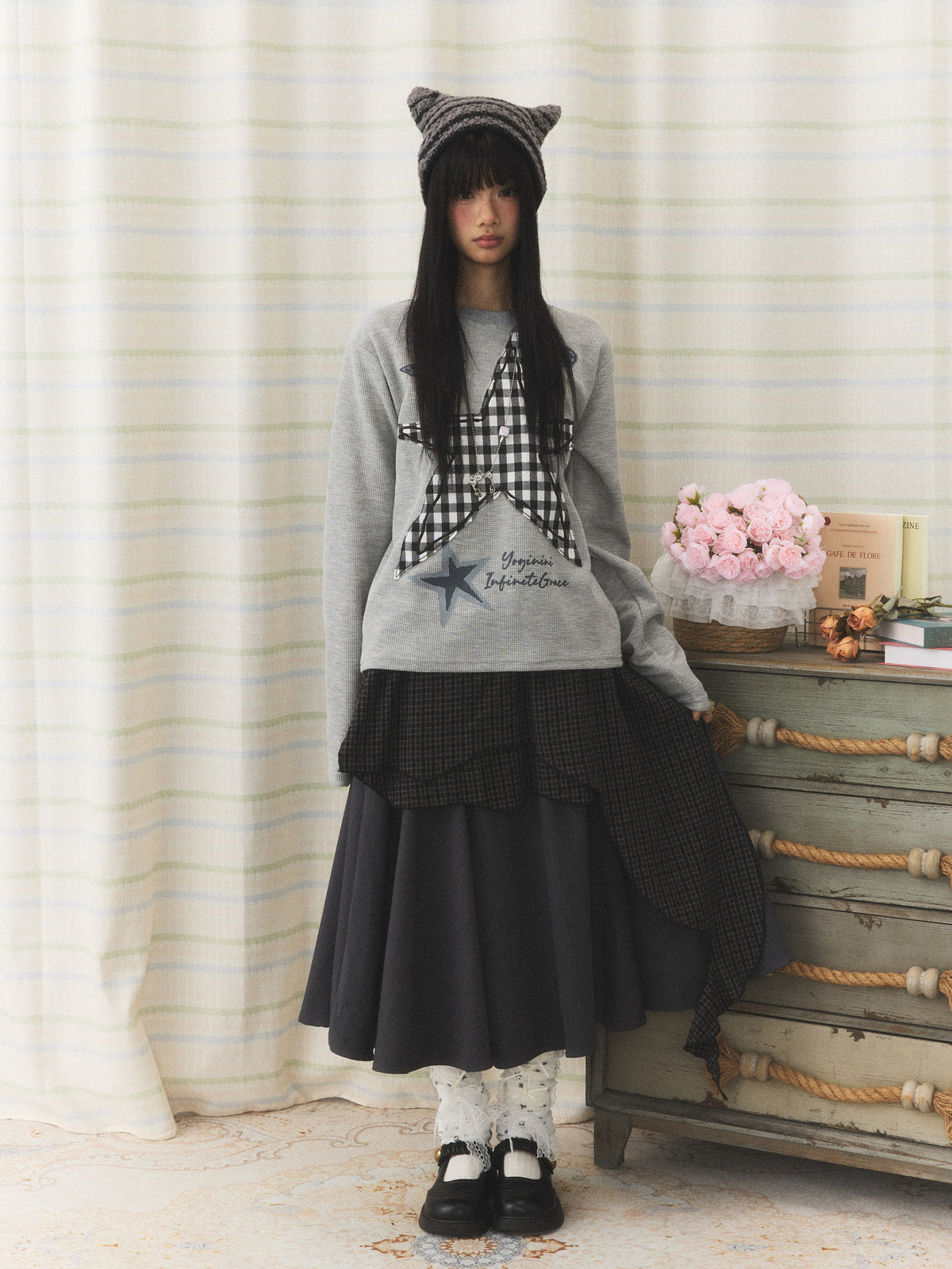 Plaid Star Patch Long Sleeve Top