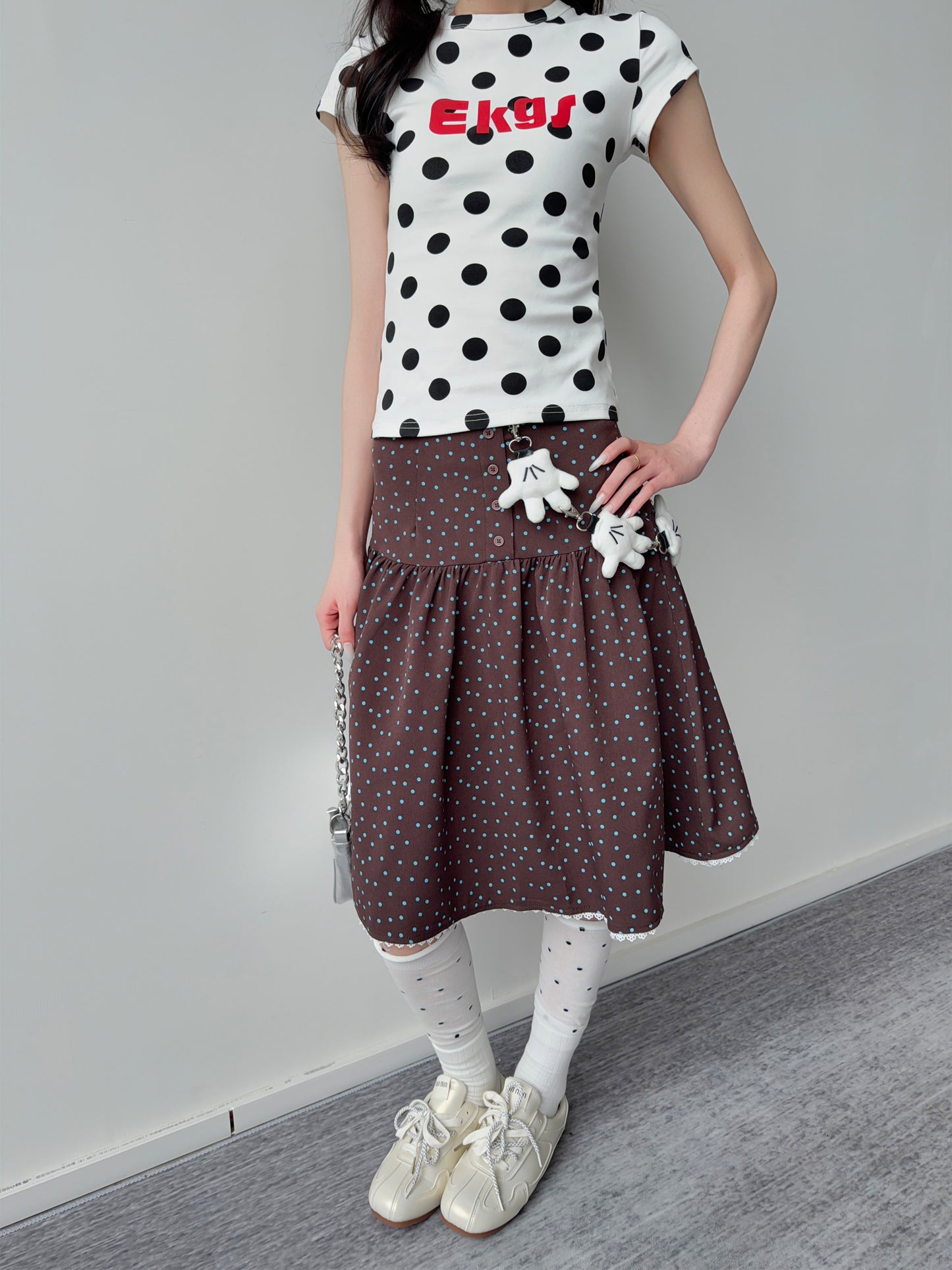Polka Dot Button Tiered Midi Skirt