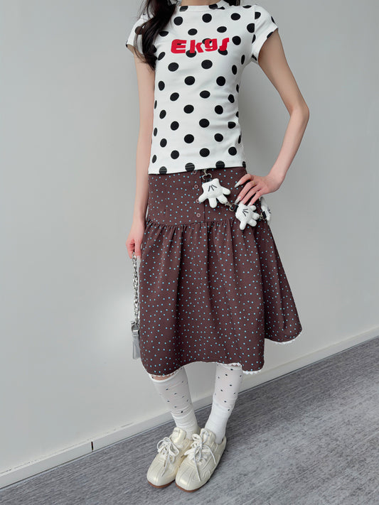 Polka Dot Button Tiered Midi Skirt