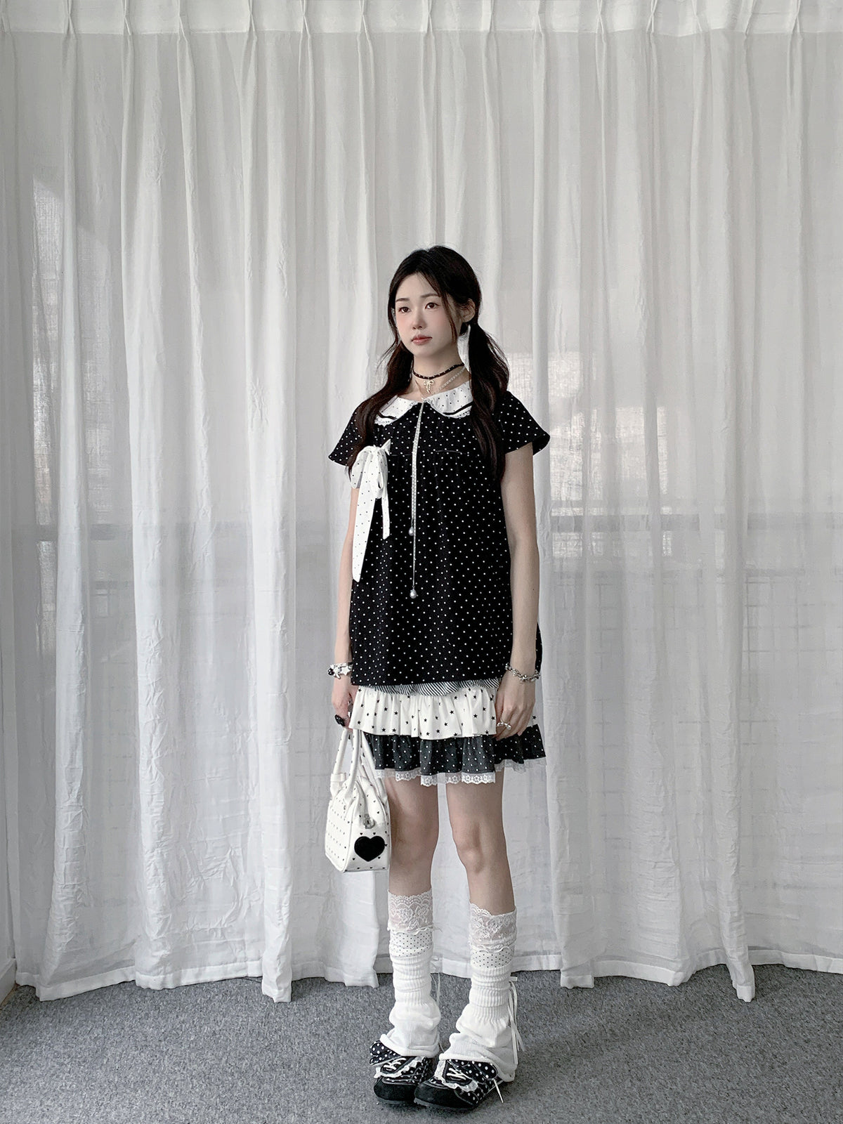 Polka Dot Bow Peter Pan Collar Short Sleeve Top